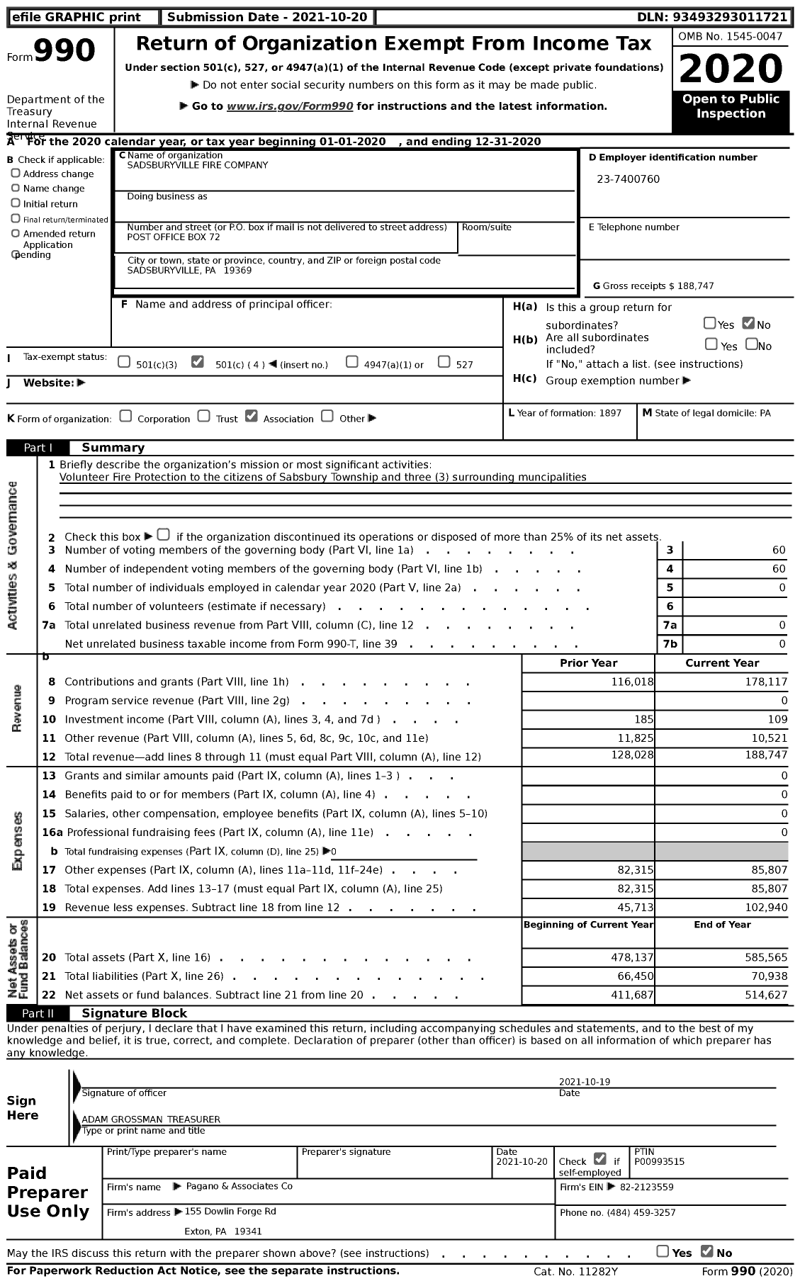 Image of first page of 2020 Form 990 for Sadsburyville Fire Company