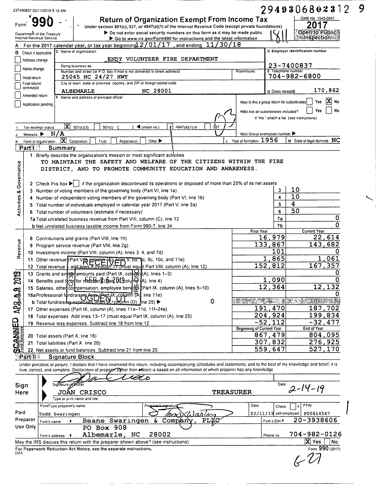 Image of first page of 2017 Form 990 for Endy Volunteer Fire Department