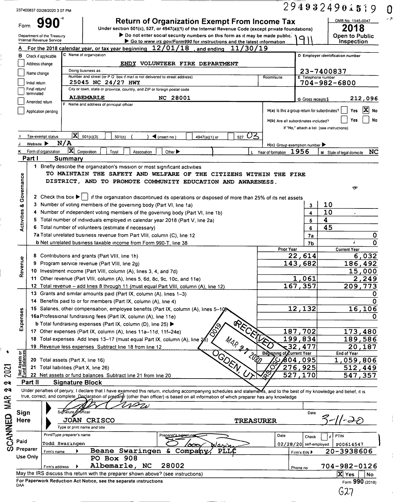 Image of first page of 2018 Form 990 for Endy Volunteer Fire Department
