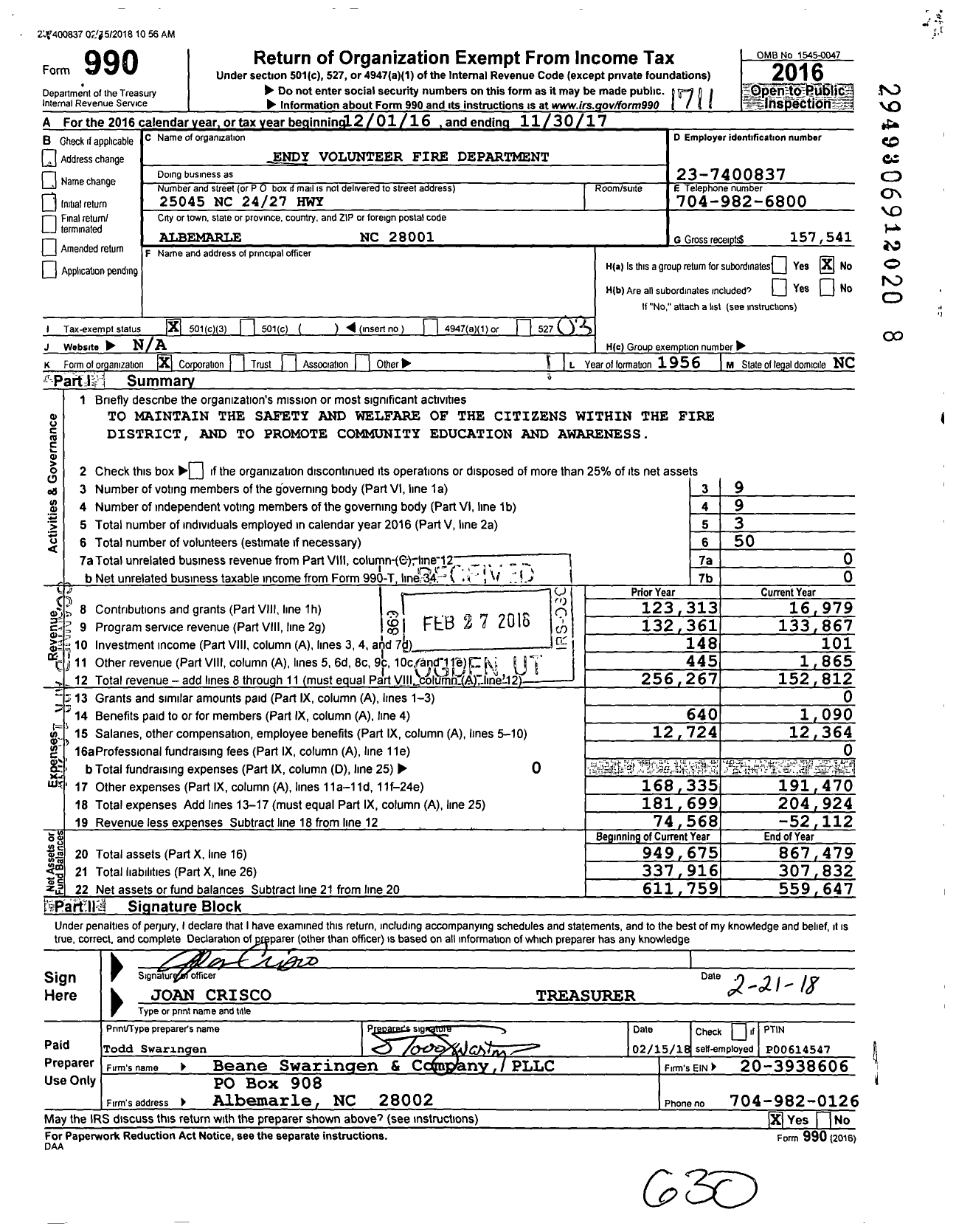 Image of first page of 2016 Form 990 for Endy Volunteer Fire Department