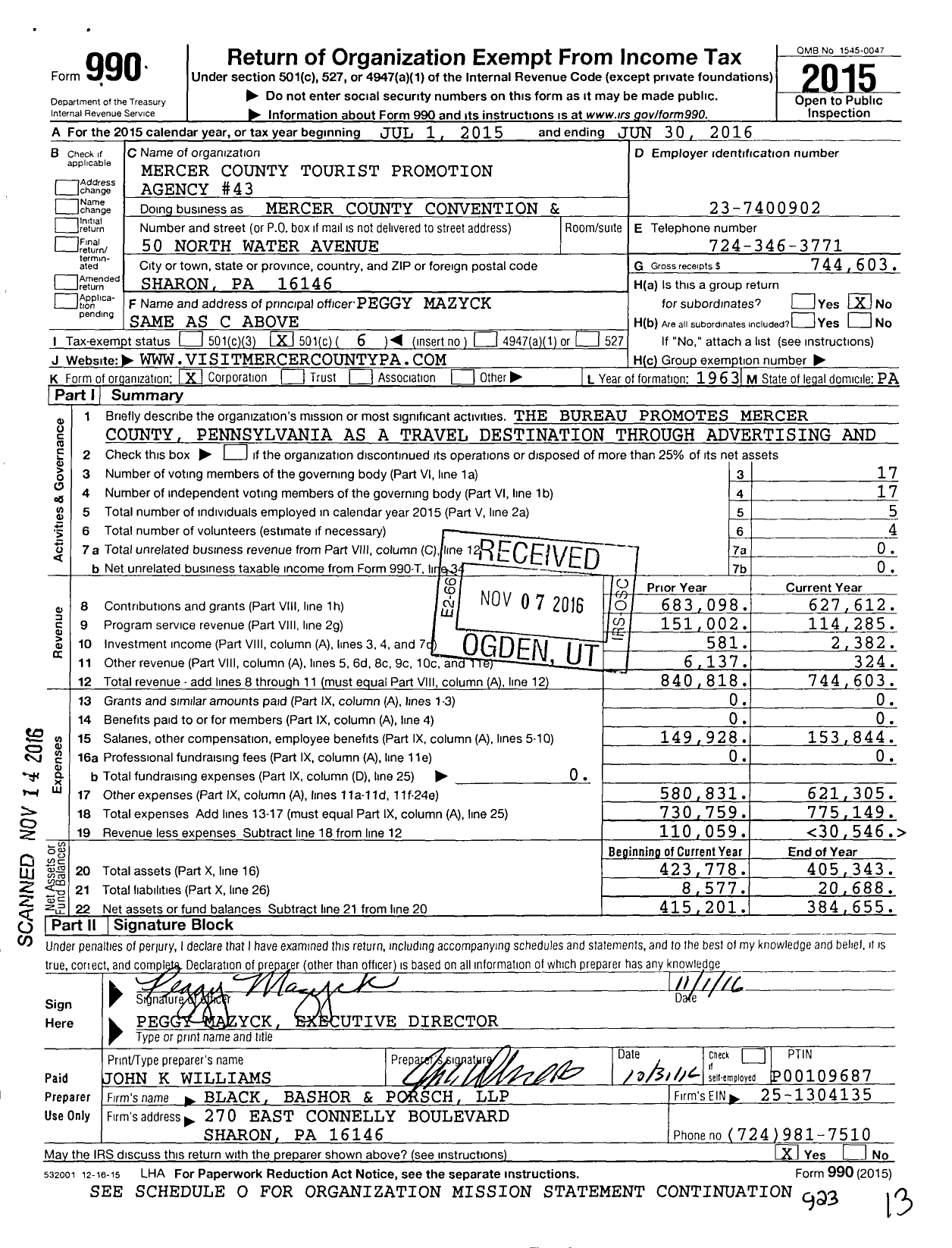 Image of first page of 2015 Form 990O for Mercer County Convention and Visitors Bureau / Mercer County Tourist Promotion Agency #43