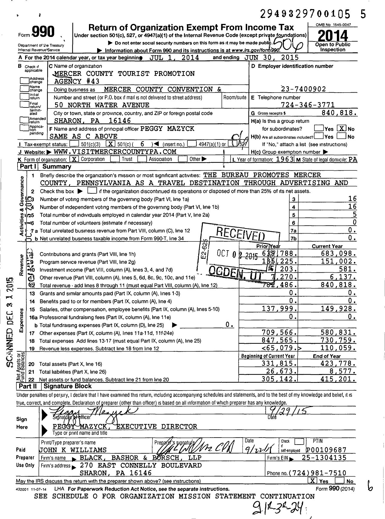 Image of first page of 2014 Form 990O for Mercer County Convention and Visitors Bureau / Mercer County Tourist Promotion Agency #43