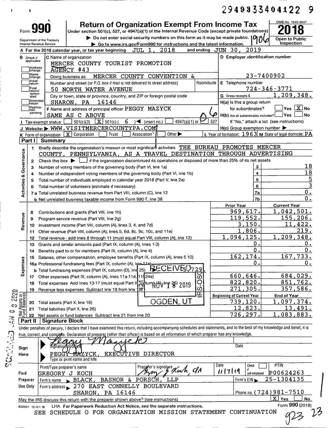 Image of first page of 2018 Form 990O for Mercer County Convention and Visitors Bureau / Mercer County Tourist Promotion Agency #43