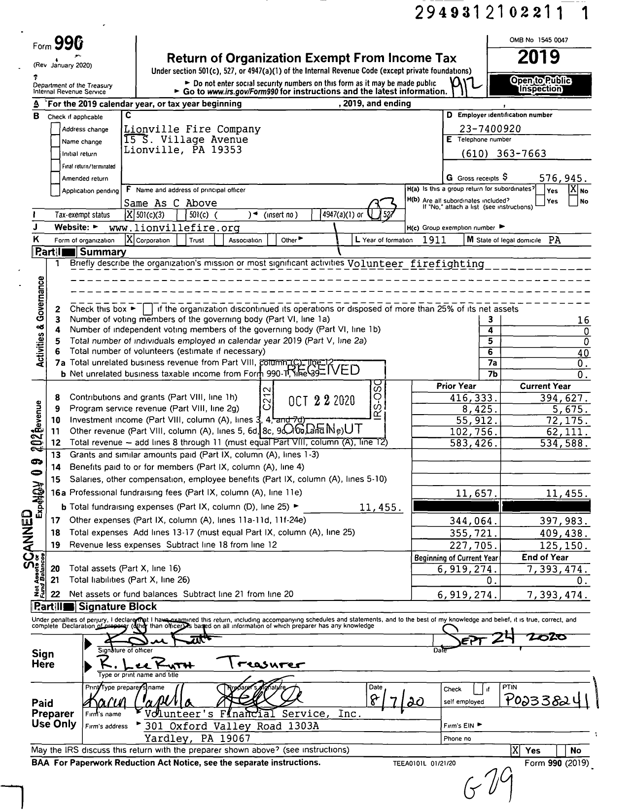 Image of first page of 2019 Form 990 for Lionville Fire Company