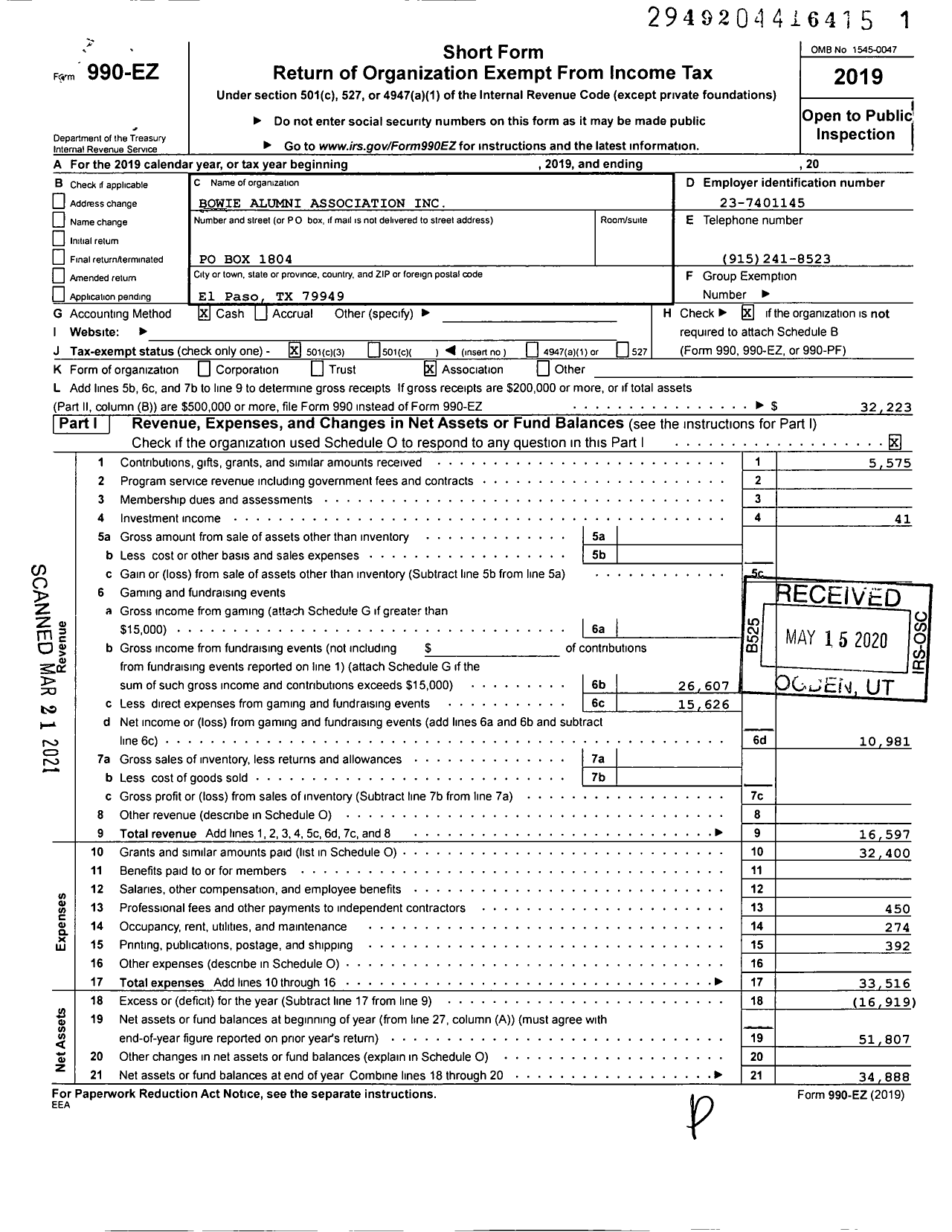 Image of first page of 2019 Form 990EZ for Bowie Alumni Association