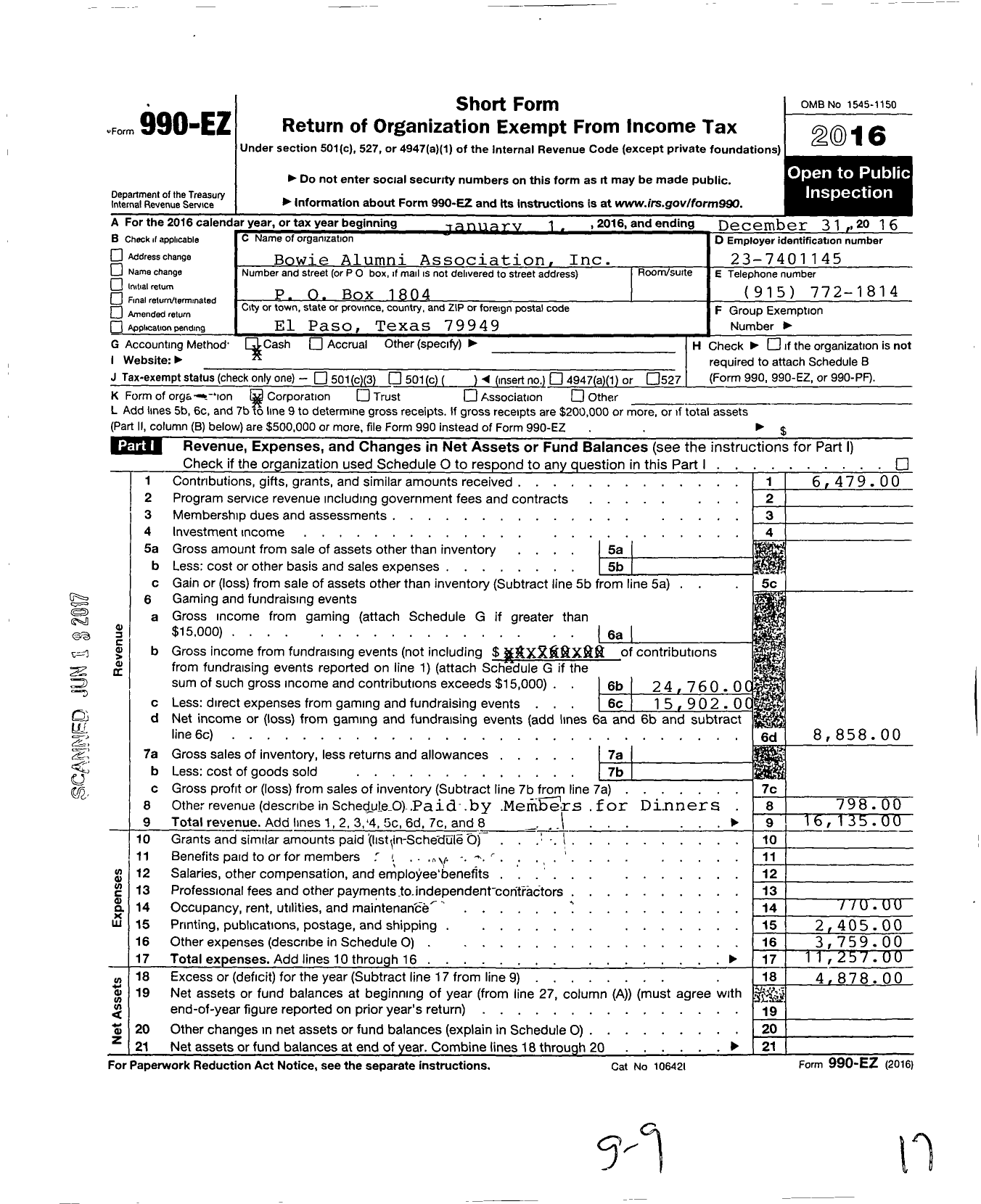 Image of first page of 2016 Form 990EO for Bowie Alumni Association