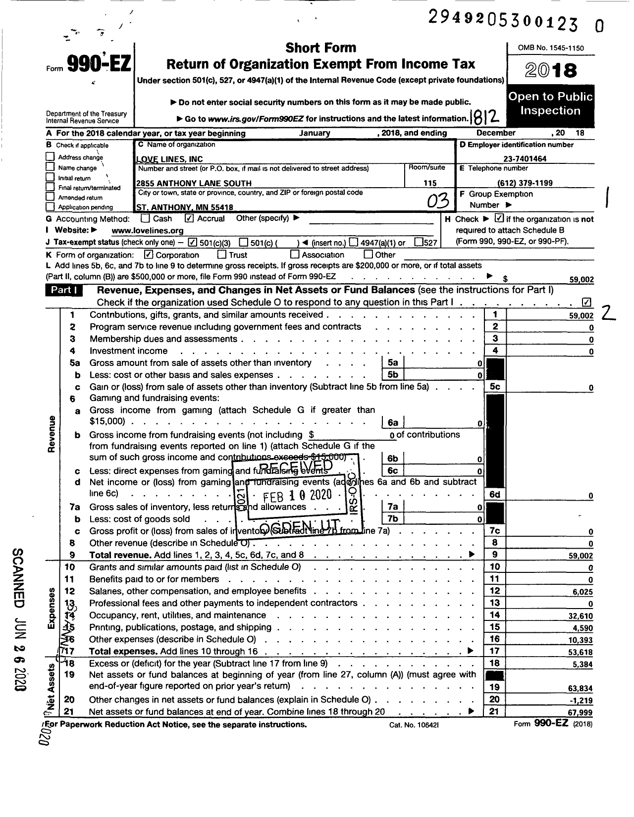 Image of first page of 2018 Form 990EZ for Love Lines