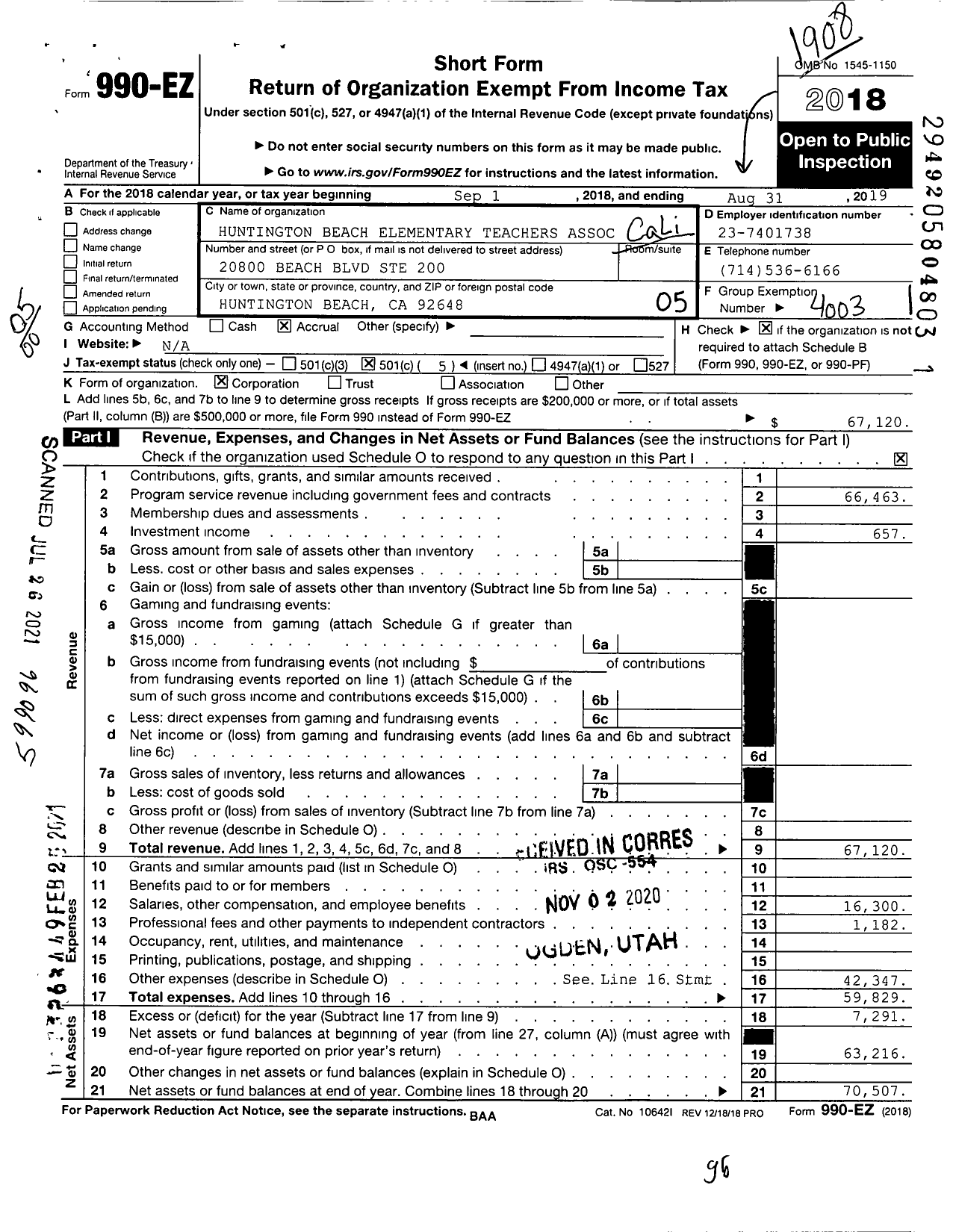 Image of first page of 2018 Form 990EO for California Teachers Association - Huntington Beach Elementary Ta