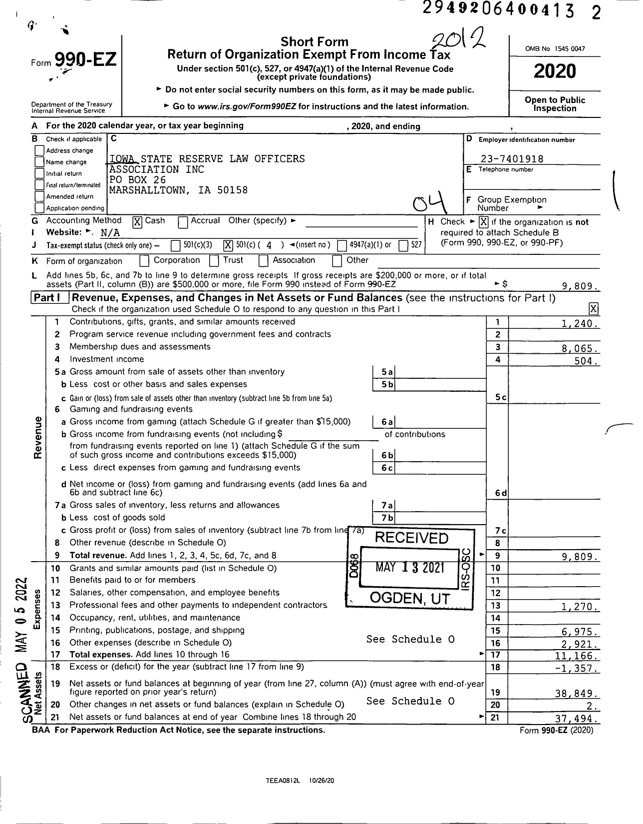 Image of first page of 2020 Form 990EO for Iowa State Reserve Law Officers Association