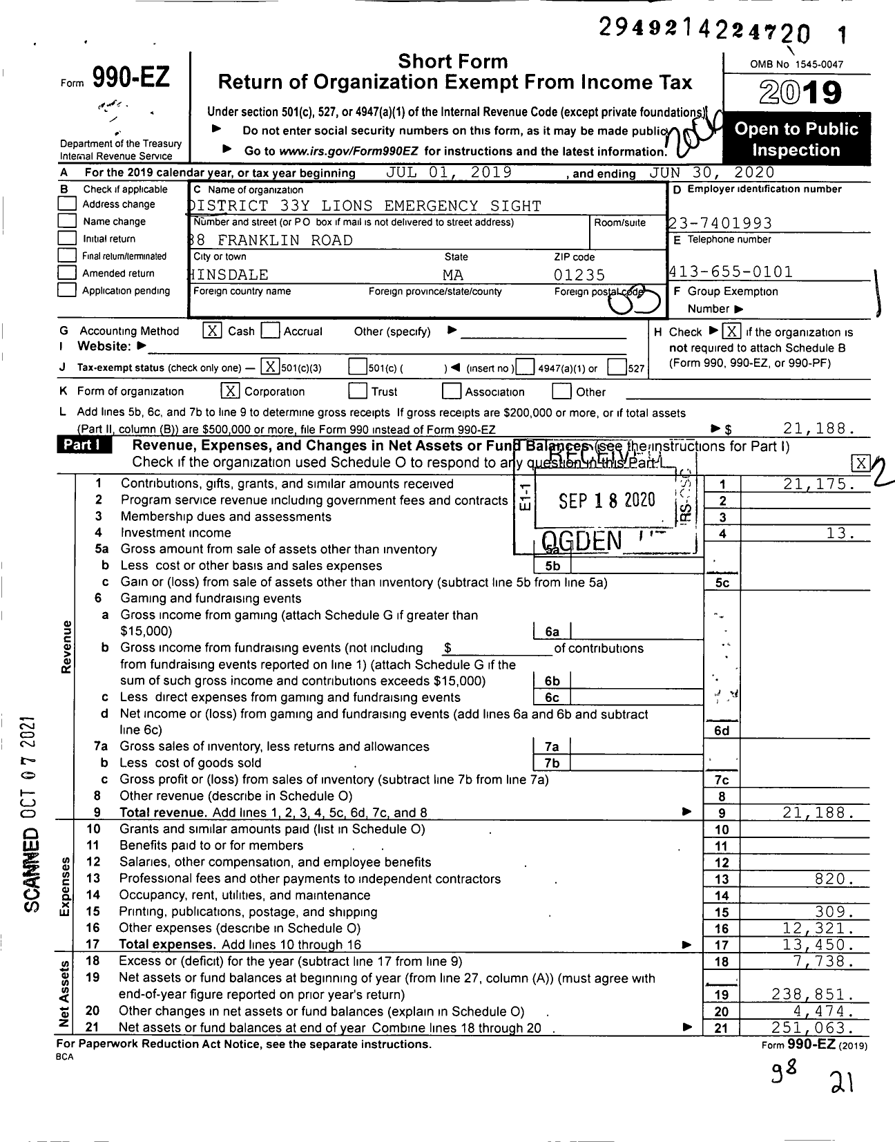 Image of first page of 2019 Form 990EZ for District 33y Lions Emergency Sight and Hearing Treatment Foundation