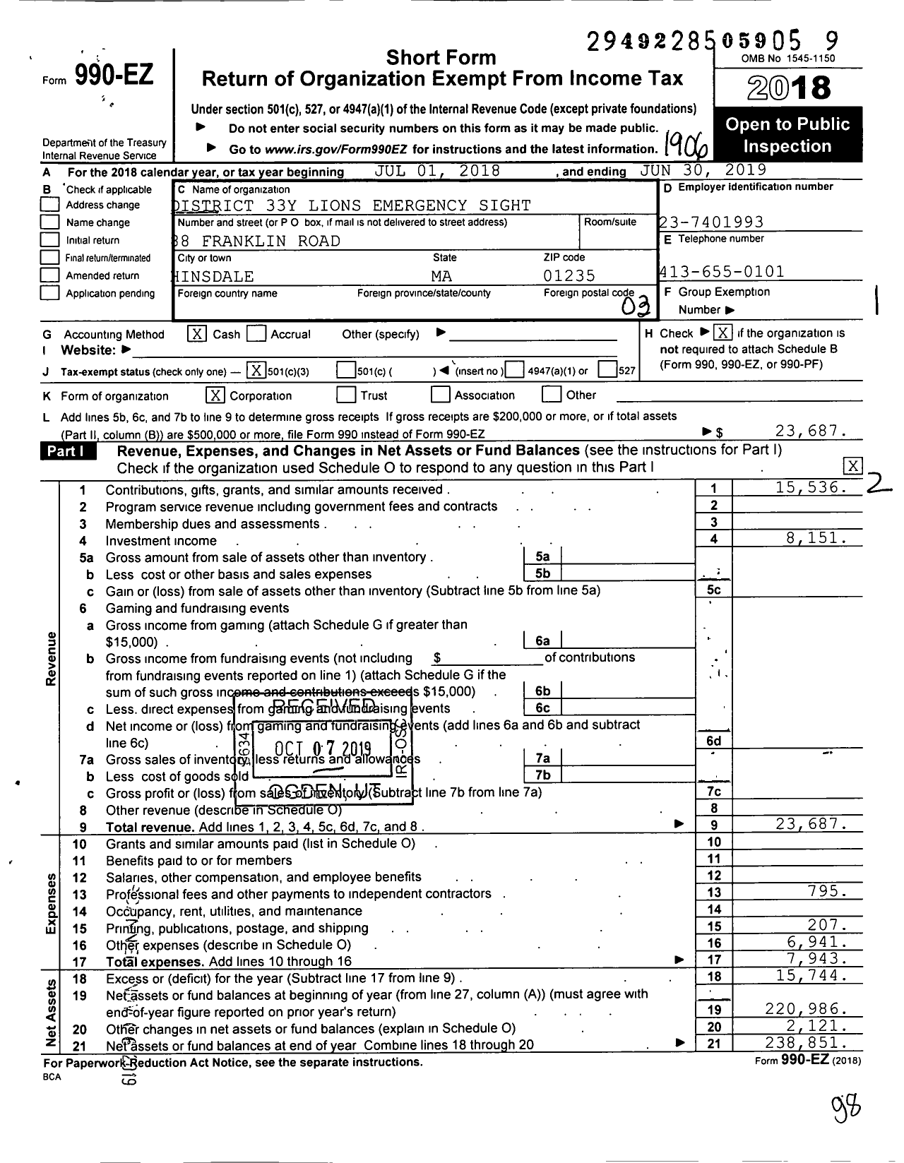 Image of first page of 2018 Form 990EZ for District 33y Lions Emergency Sight and Hearing Treatment Foundation