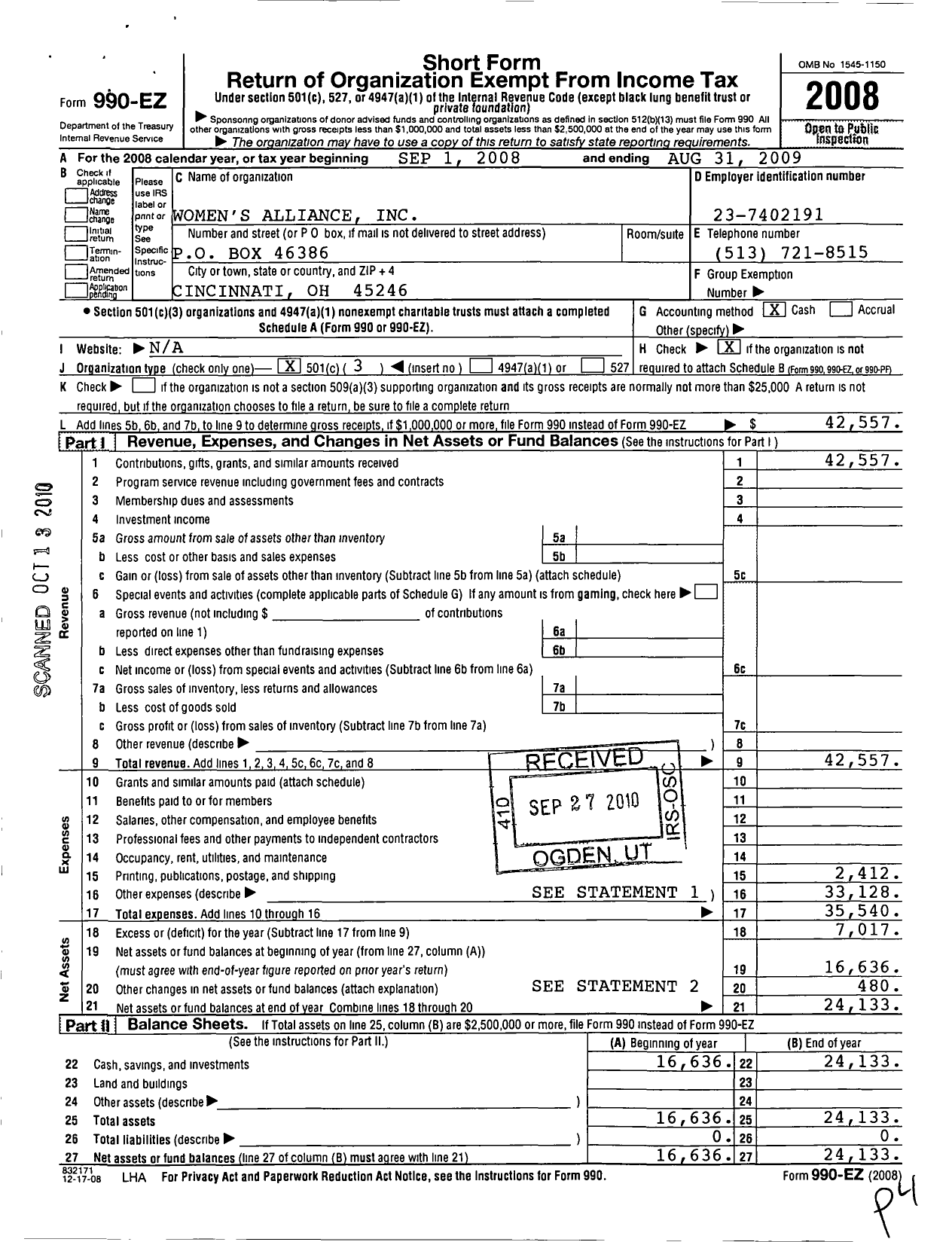 Image of first page of 2008 Form 990EZ for Womens Alliance