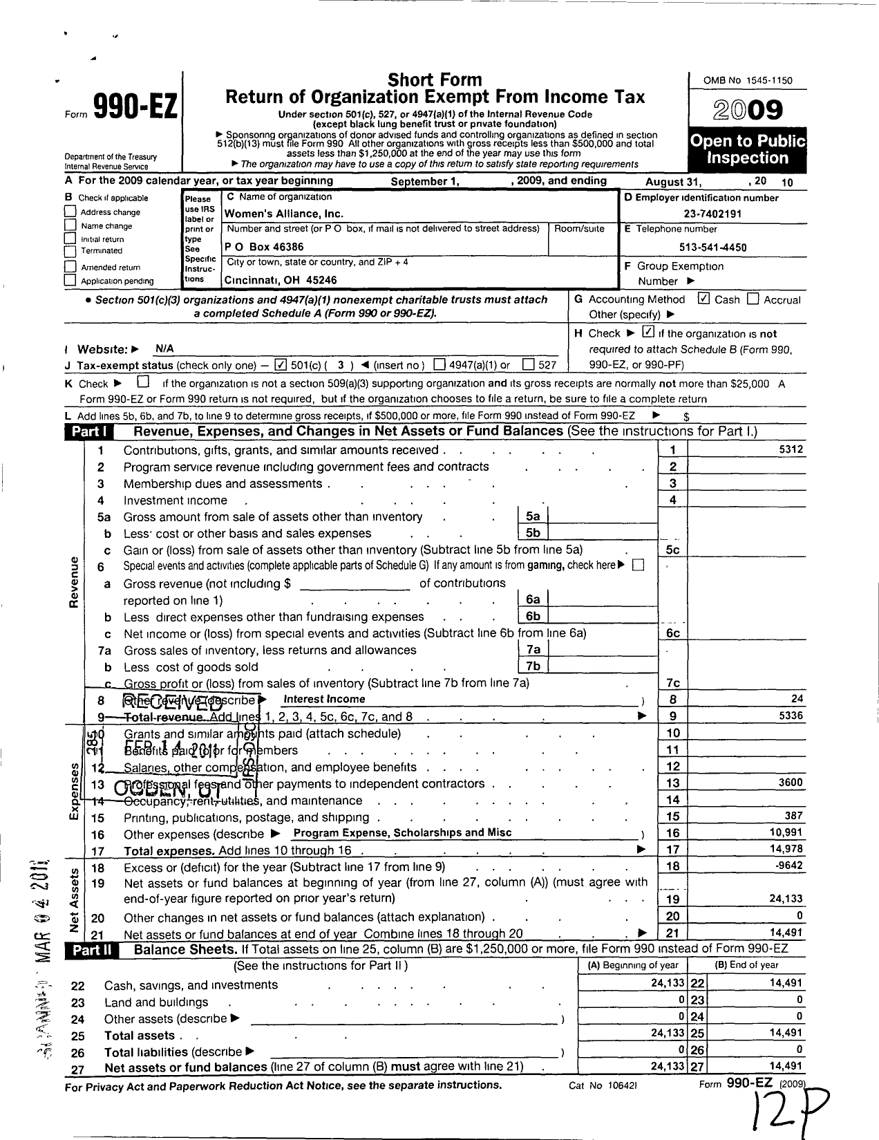 Image of first page of 2009 Form 990EZ for Womens Alliance