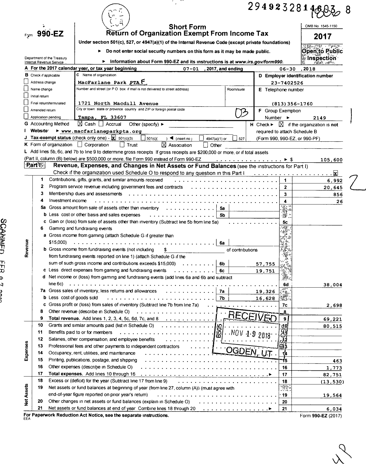 Image of first page of 2017 Form 990EZ for PTA Florida Congress - Mcfarlane Park PTA