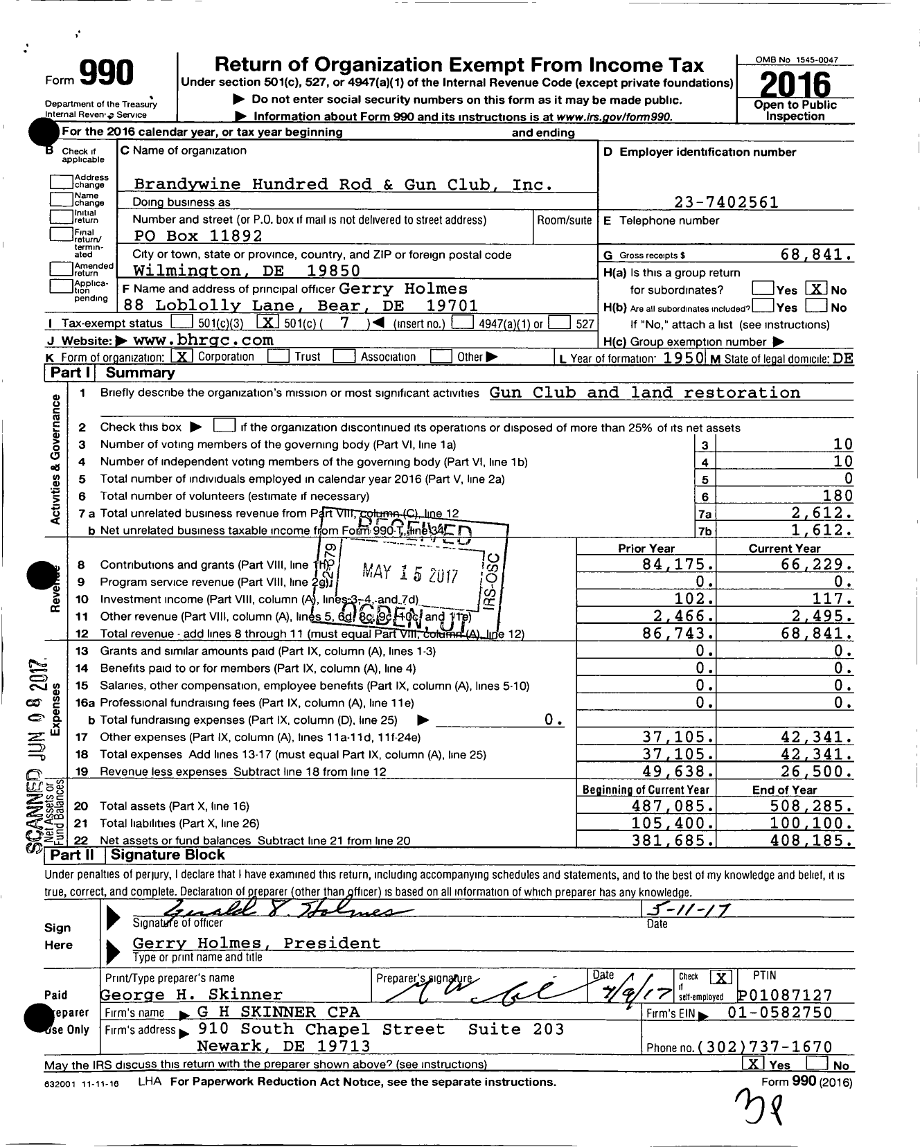 Image of first page of 2016 Form 990O for Brandywine Hundred Rod and Gun Club