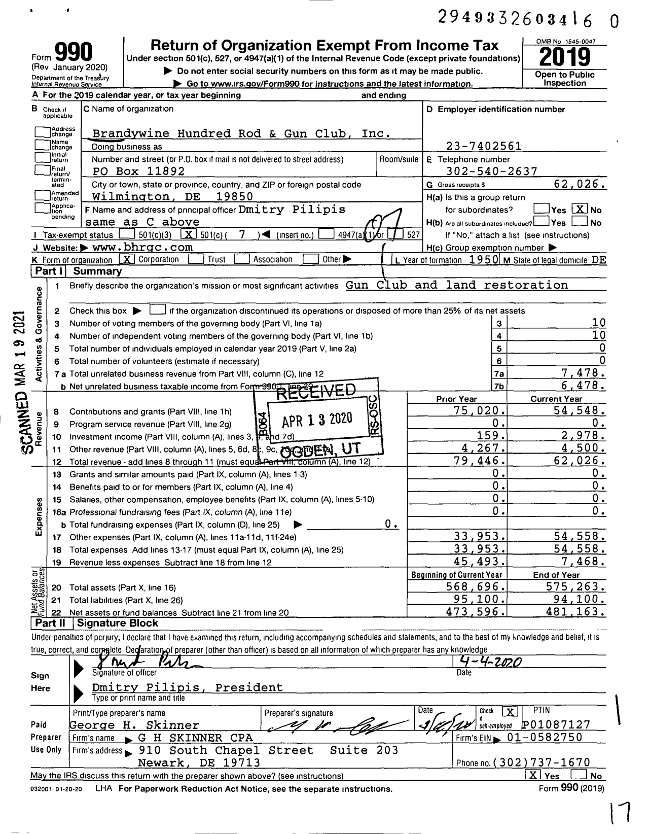 Image of first page of 2019 Form 990O for Brandywine Hundred Rod and Gun Club
