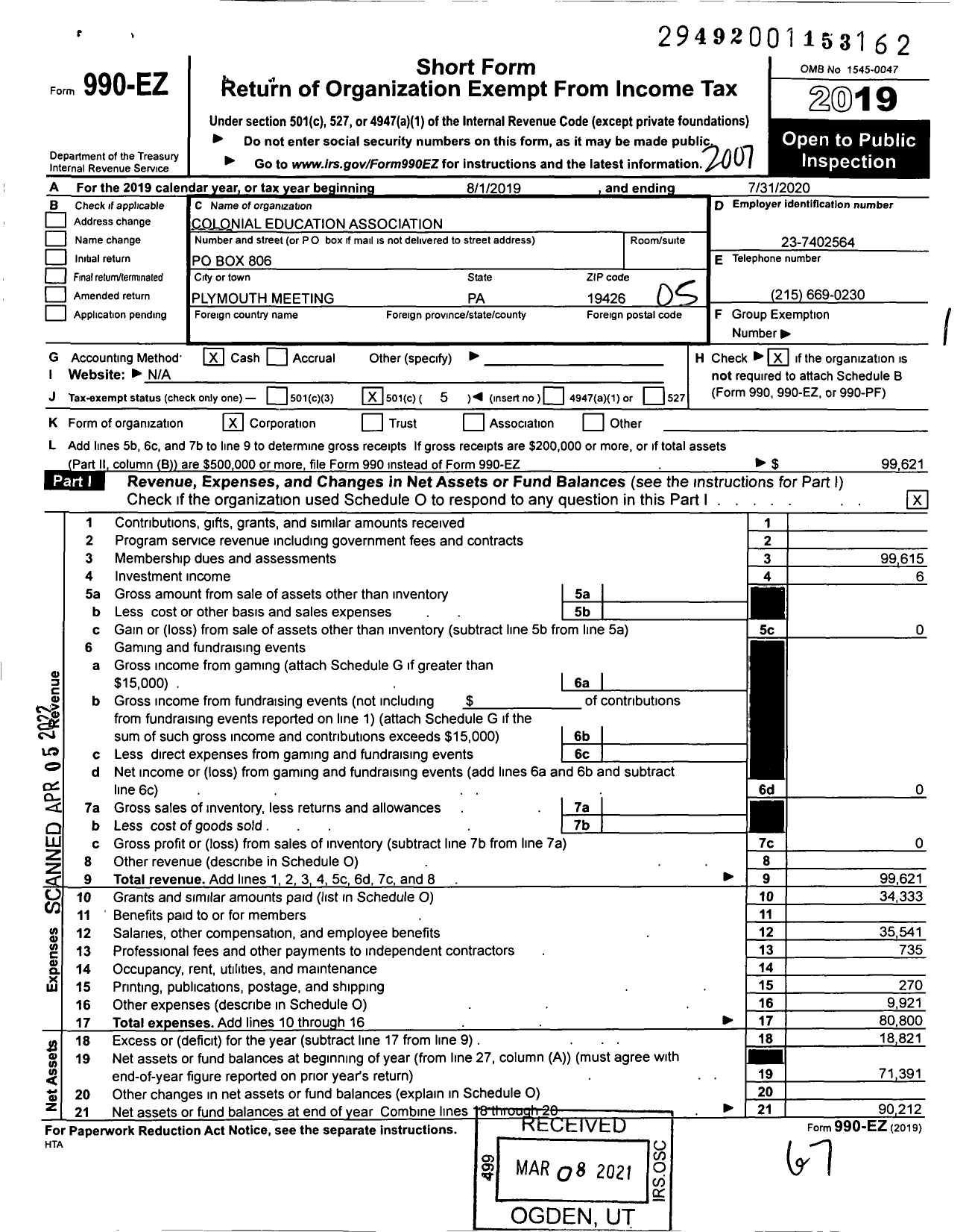 Image of first page of 2019 Form 990EO for Colonial Education Association