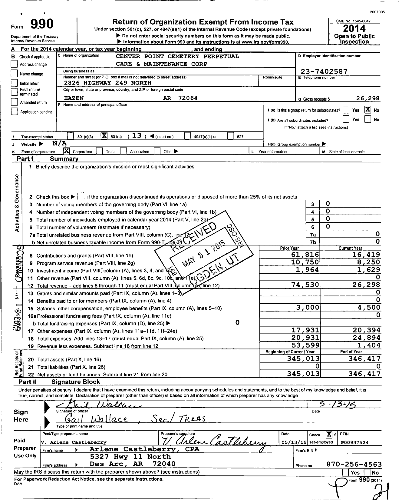 Image of first page of 2014 Form 990O for Center Point Cemetery Perpetual Care and Maintenance Corporation