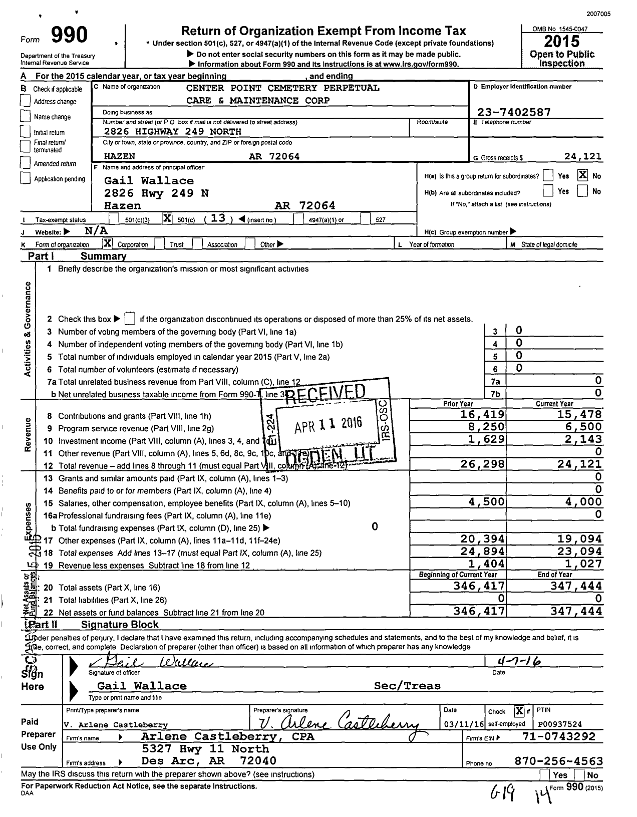 Image of first page of 2015 Form 990O for Center Point Cemetery Perpetual Care and Maintenance Corporation