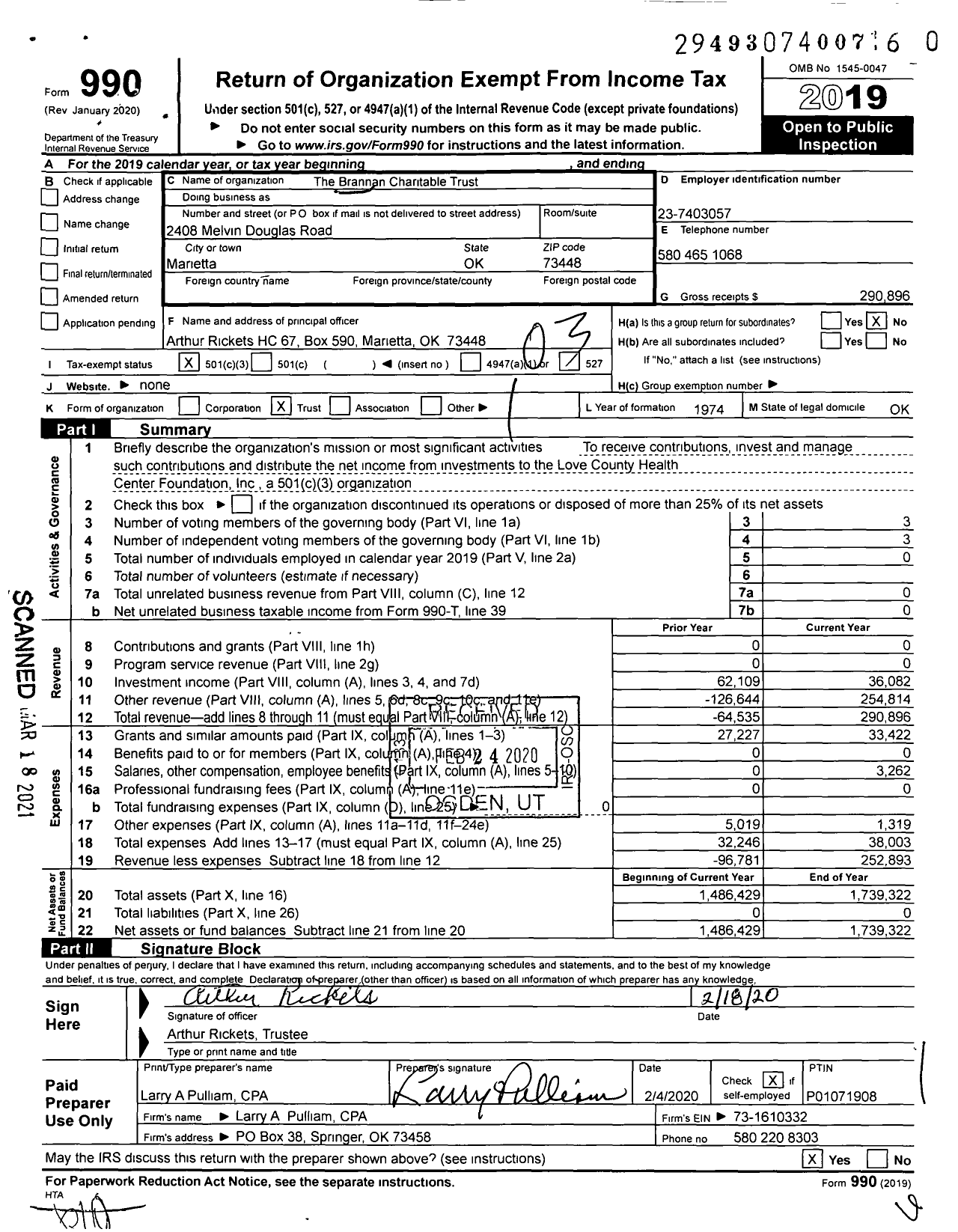 Image of first page of 2019 Form 990 for Brannan Charitable Trust