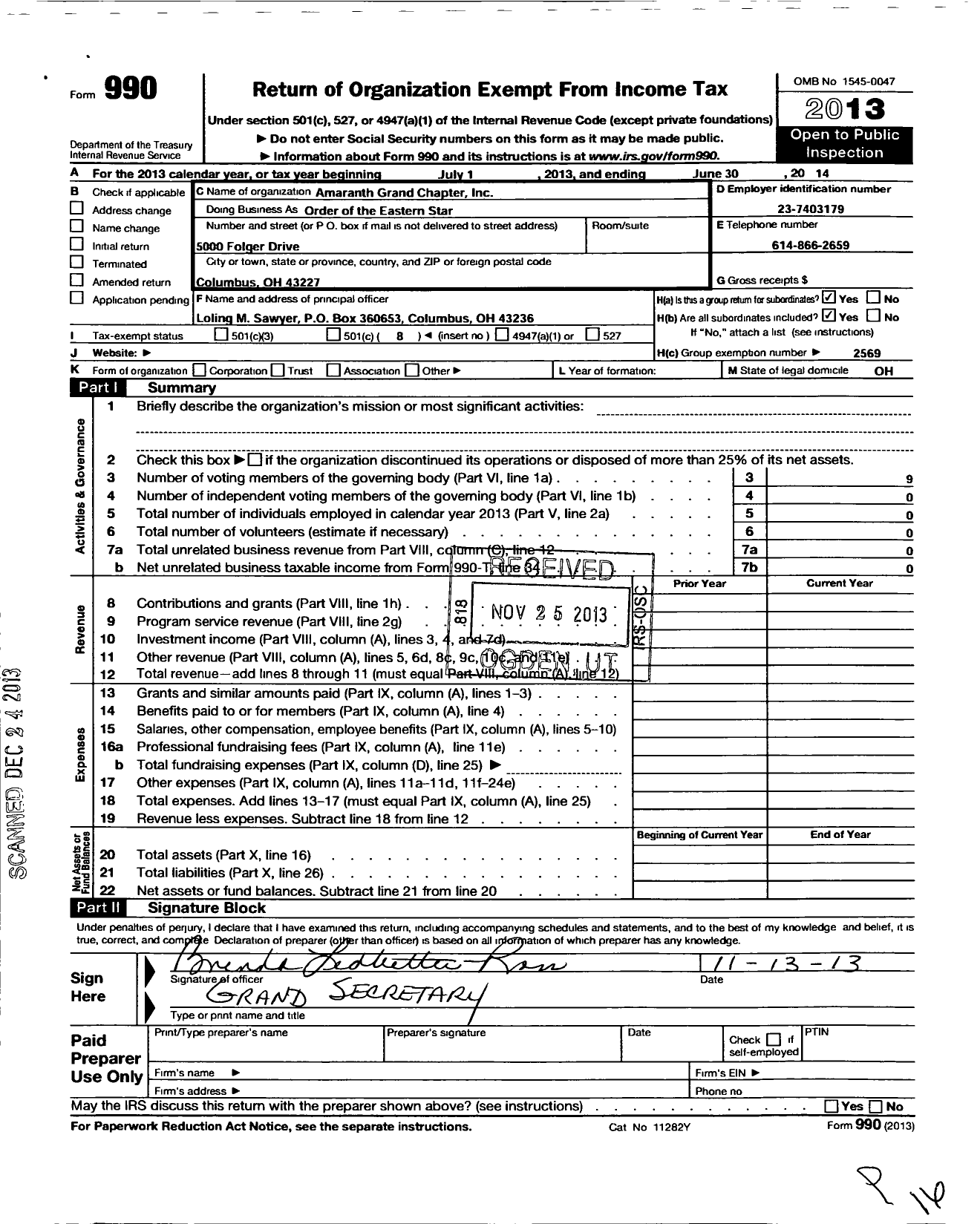 Image of first page of 2013 Form 990O for Order of the Eastern Star of Ohio and Jurisdiction Prince Hall Affiliati