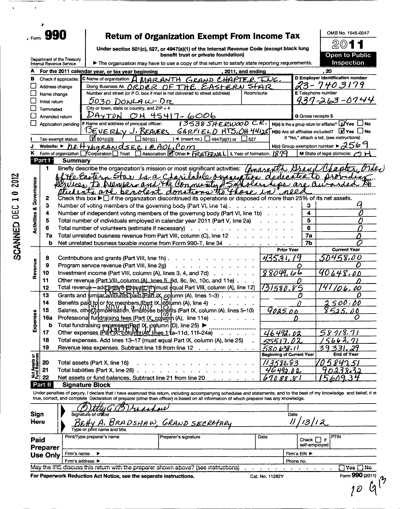 Image of first page of 2011 Form 990 for Order of the Eastern Star of Ohio and Jurisdiction Prince Hall Affiliati