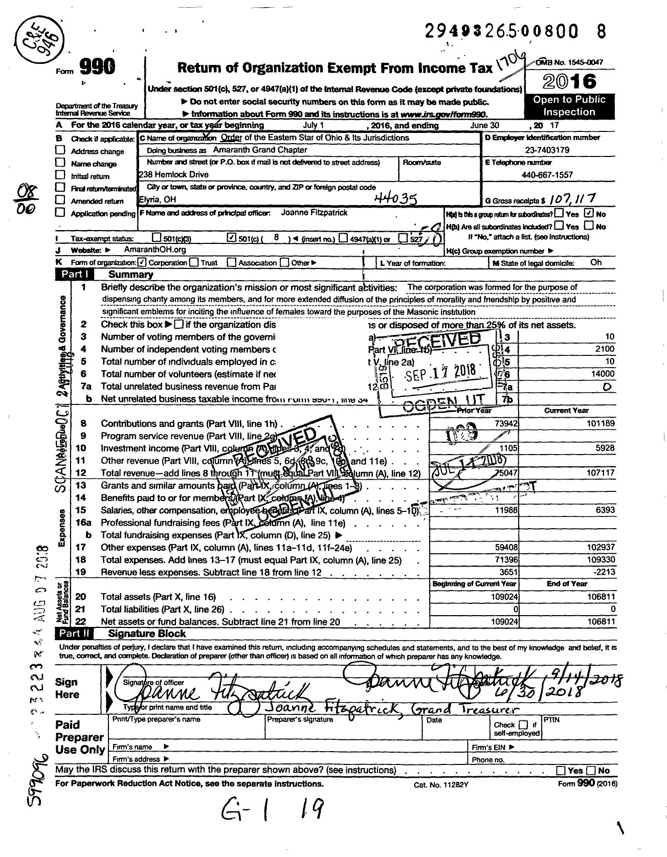 Image of first page of 2016 Form 990O for Order of the Eastern Star of Ohio and Jurisdiction Prince Hall Affiliati