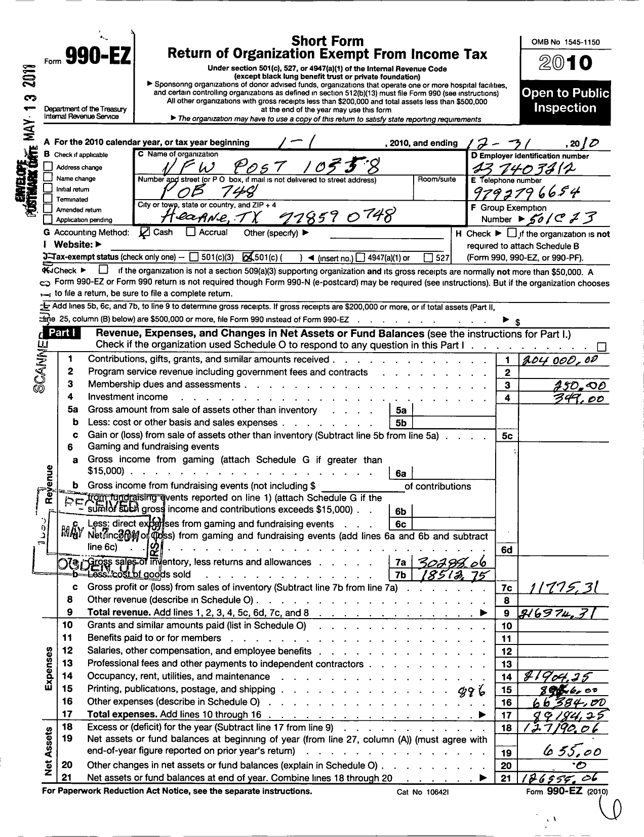 Image of first page of 2010 Form 990EO for Texas VFW - 10358 Hearne City