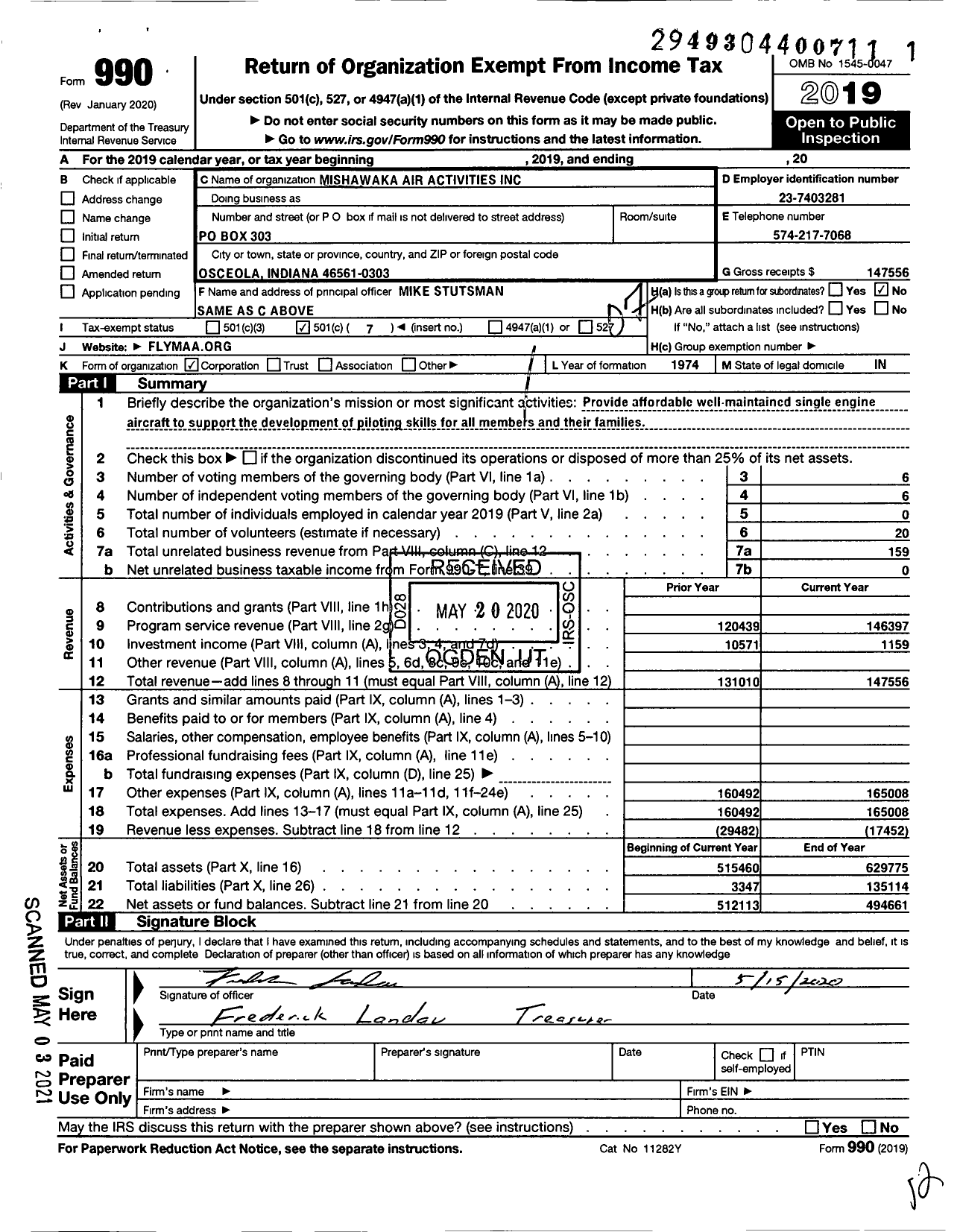 Image of first page of 2019 Form 990O for Michiana Air Activities