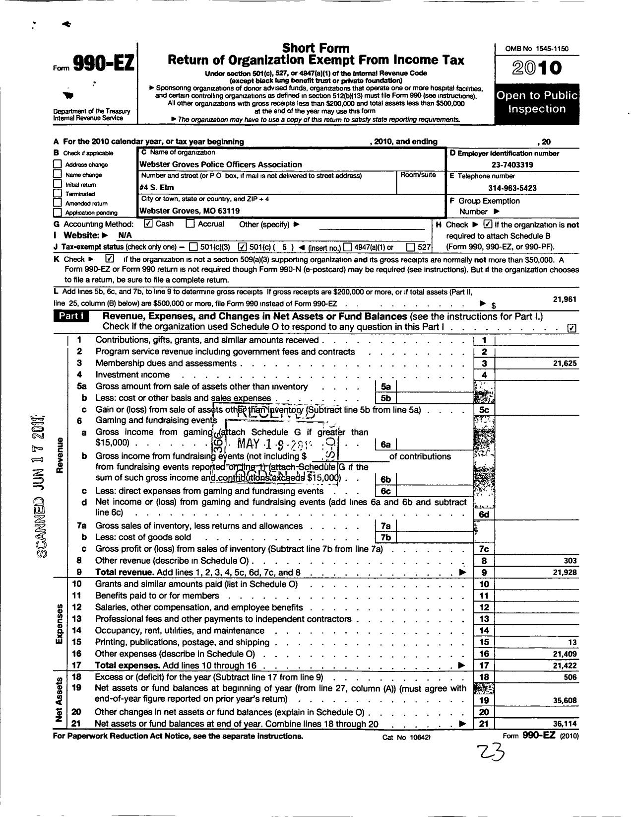 Image of first page of 2010 Form 990EO for Webster Groves Police Officers Association