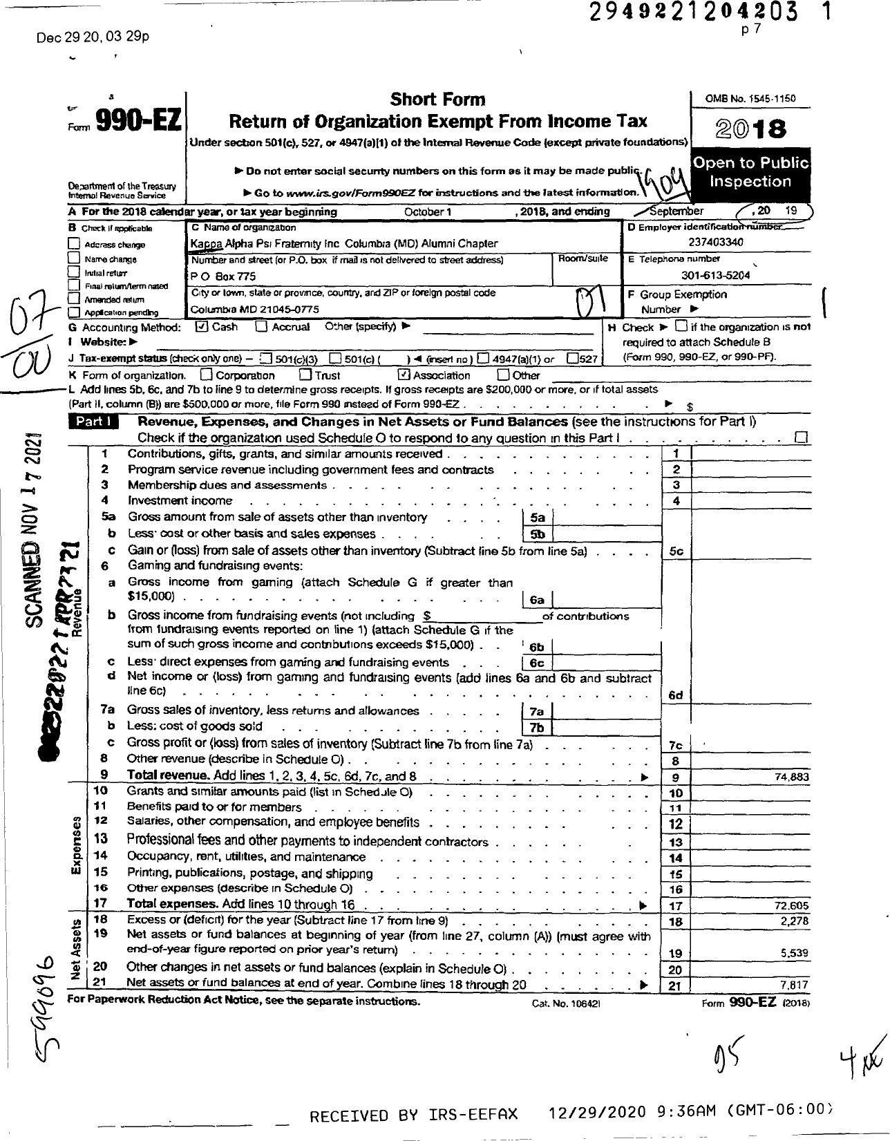 Image of first page of 2018 Form 990EO for Kappa Alpha Psi Fraternity / Columbia MD Alumni