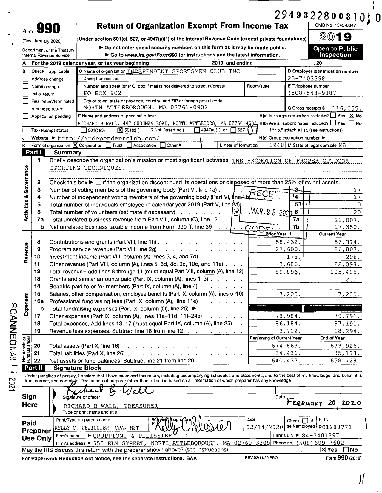 Image of first page of 2019 Form 990O for Independent Sportsmen Club