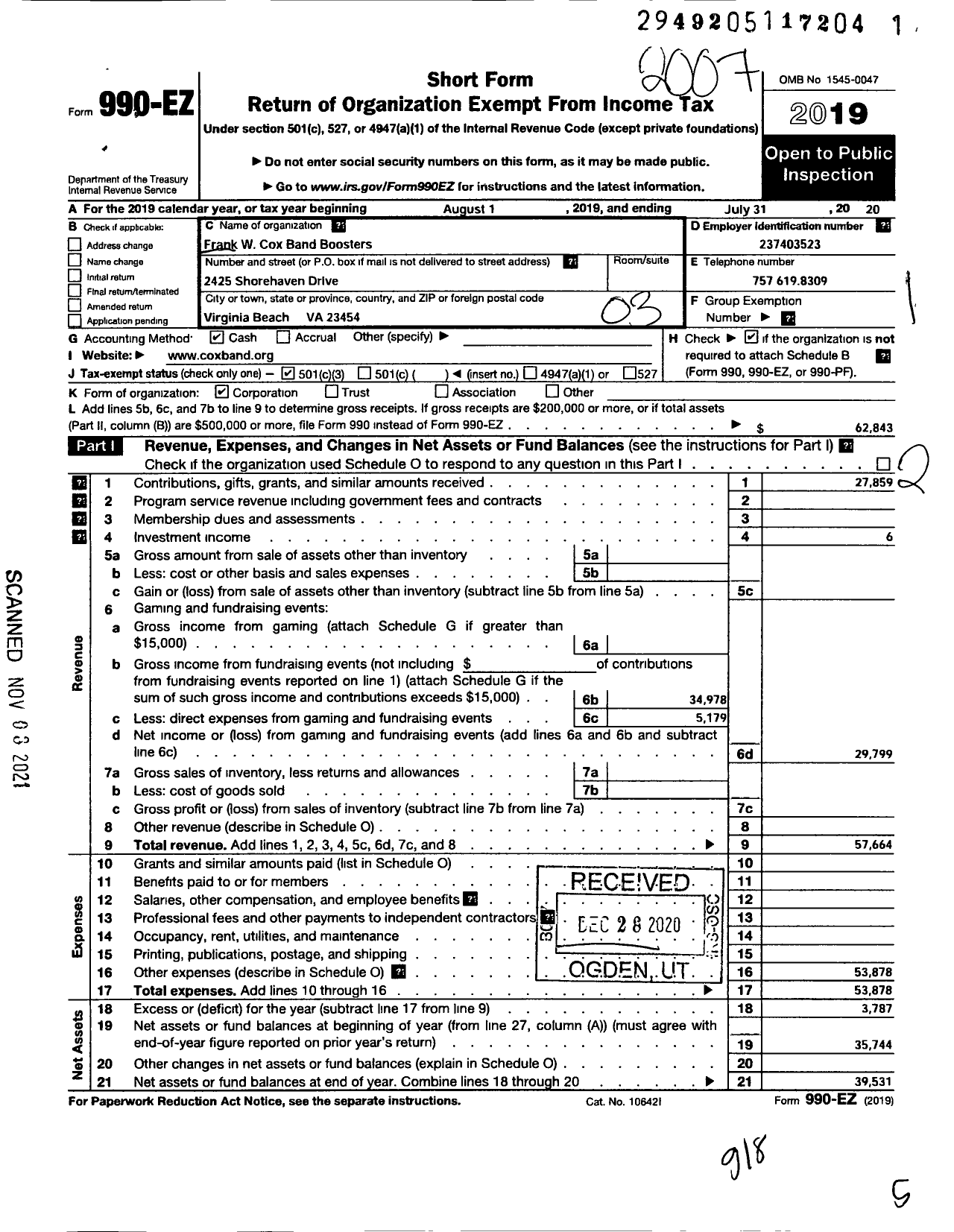 Image of first page of 2019 Form 990EZ for Cox High School Band Boosters Association