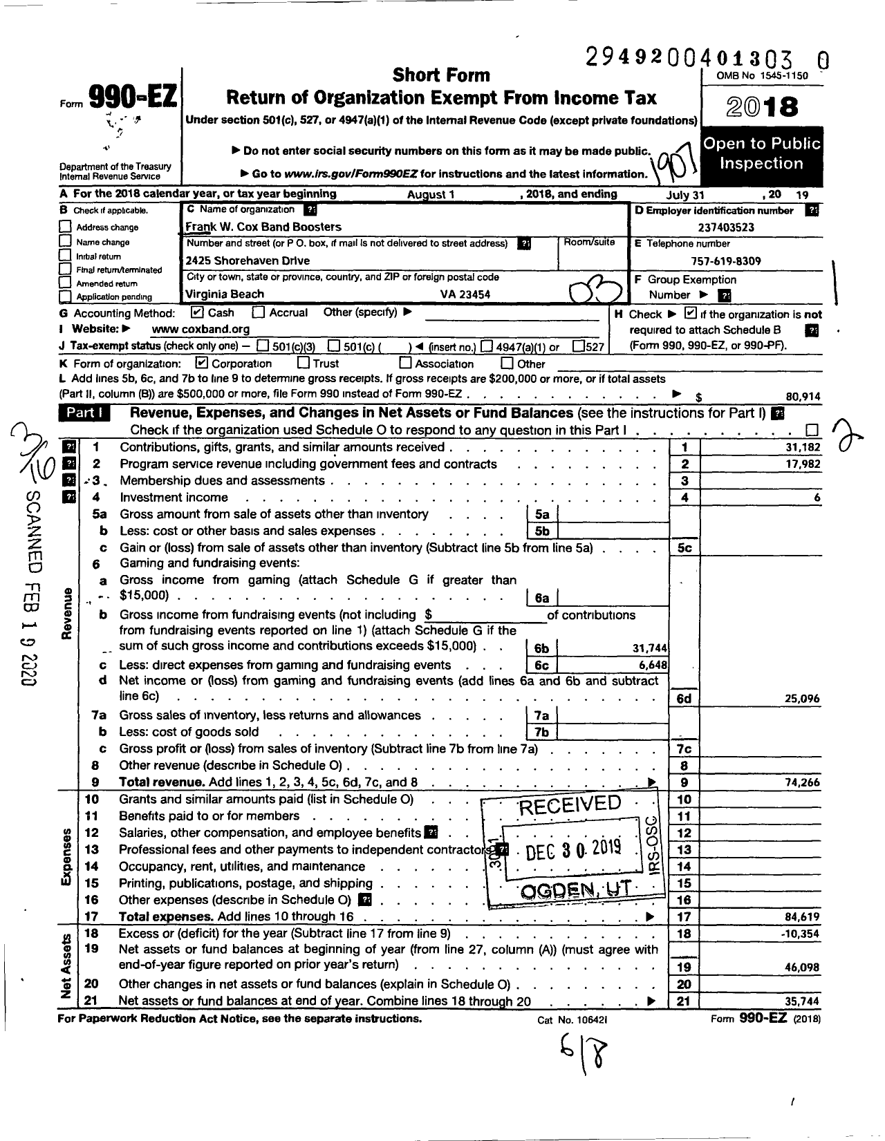 Image of first page of 2018 Form 990EZ for Cox High School Band Boosters Association