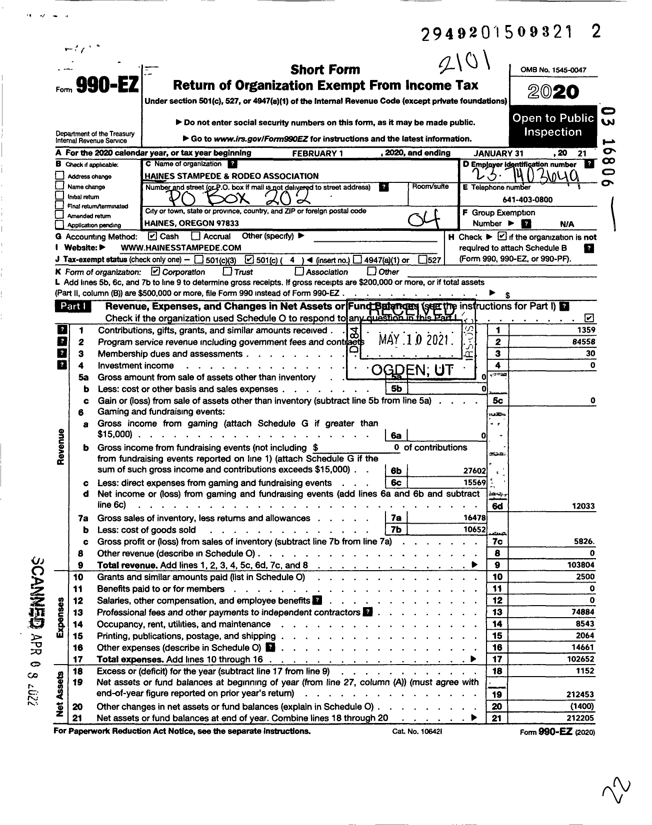 Image of first page of 2020 Form 990EO for Haines Stampede and Rodeo