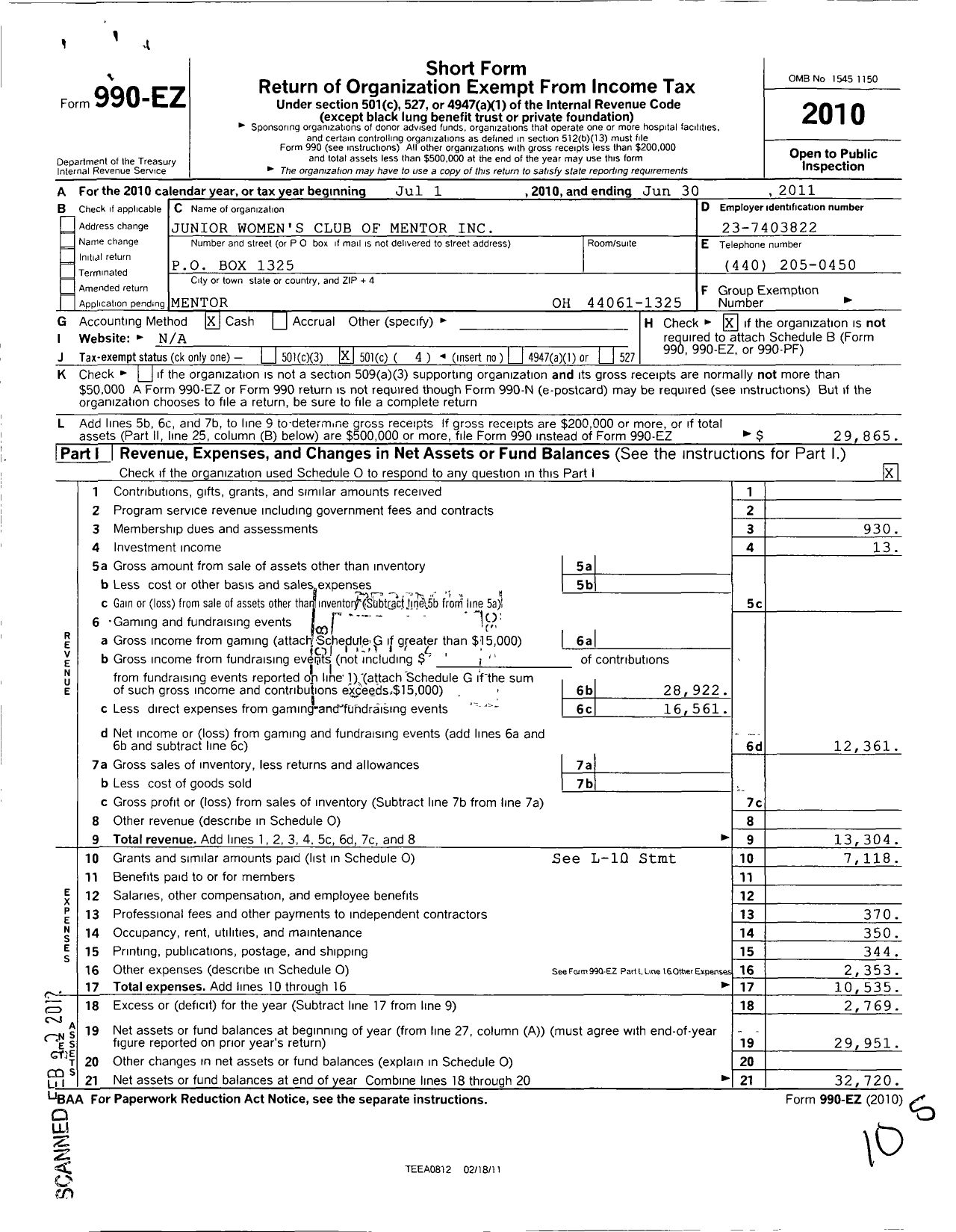 Image of first page of 2010 Form 990EO for Junior Women's Club of Mentor