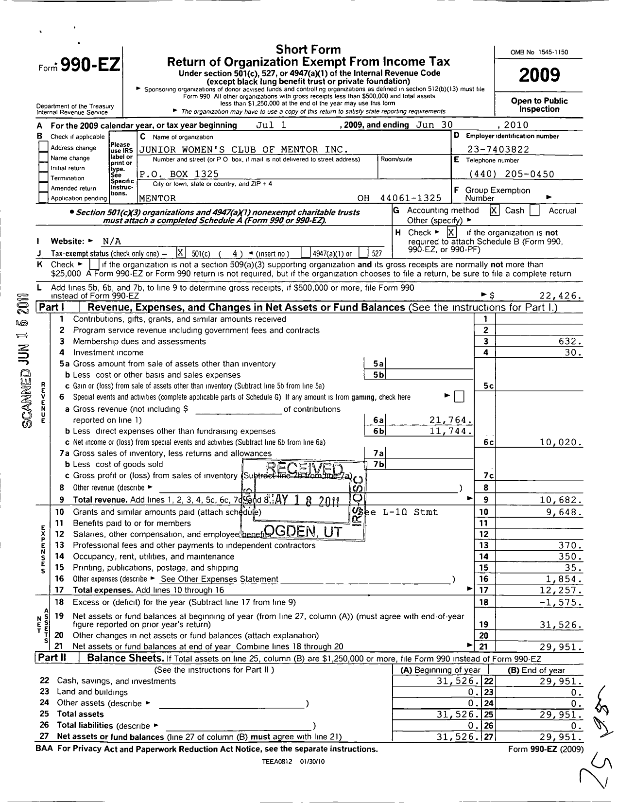 Image of first page of 2009 Form 990EO for Junior Women's Club of Mentor