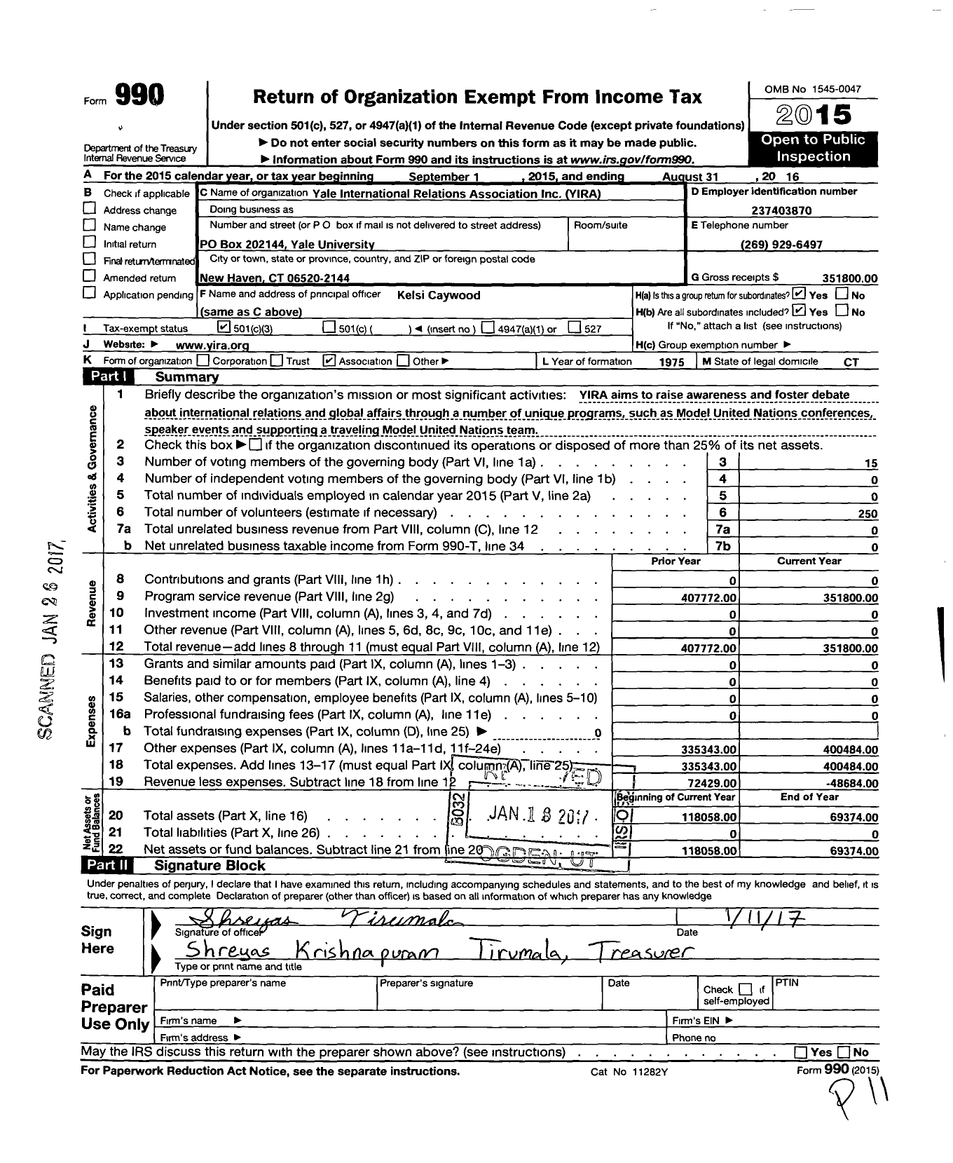 Image of first page of 2015 Form 990 for Yale International Relations