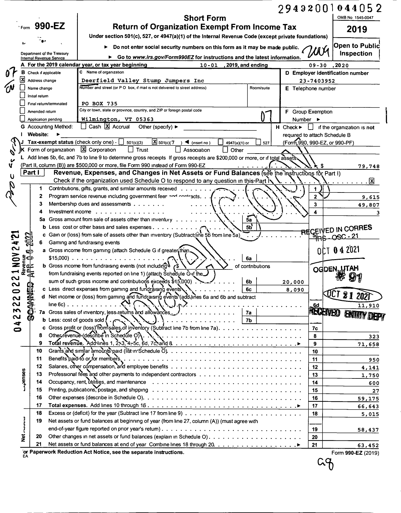 Image of first page of 2019 Form 990EO for Deerfield Valley Stump Jumpers