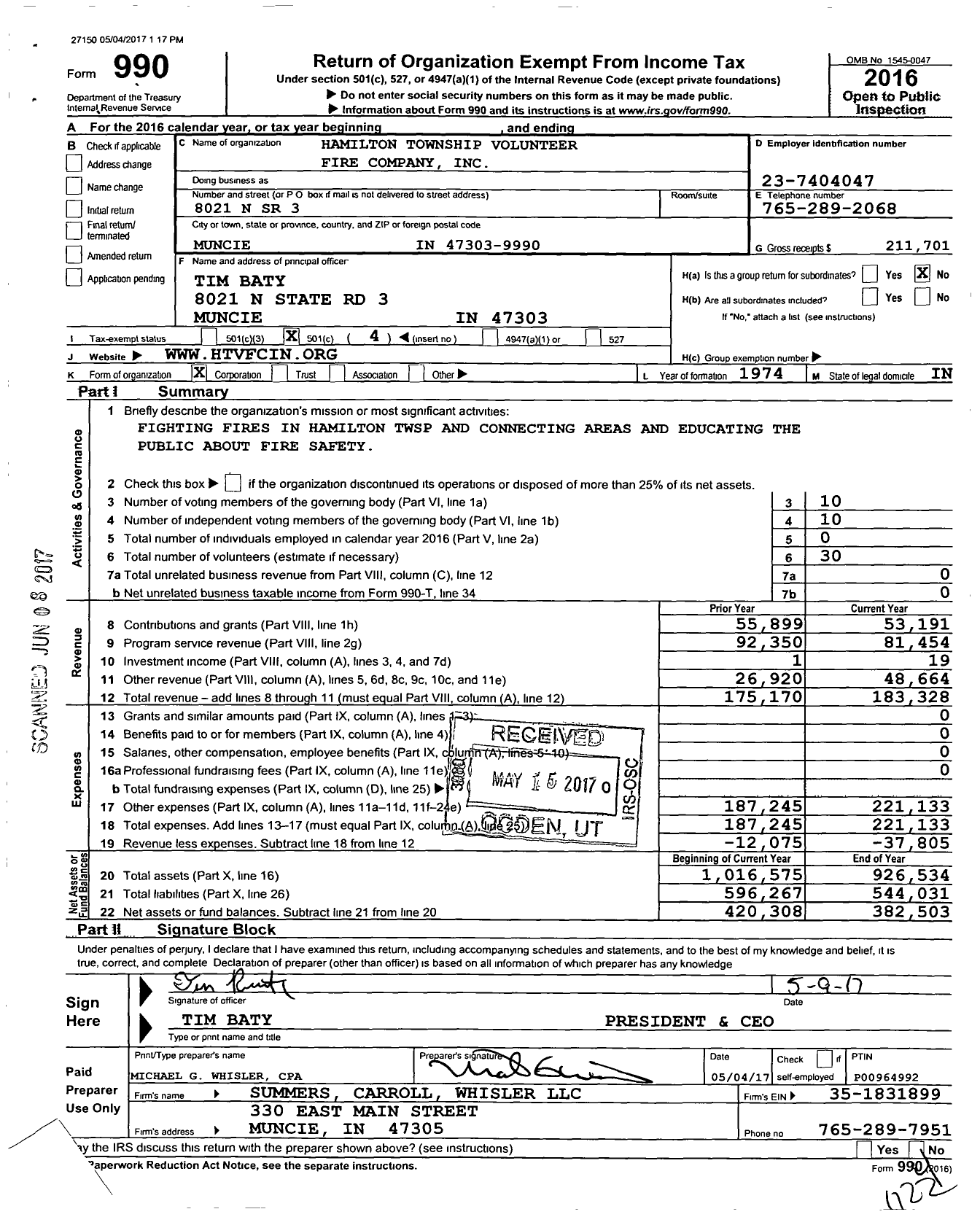 Image of first page of 2016 Form 990O for Hamilton Township Volunteer Fire Company