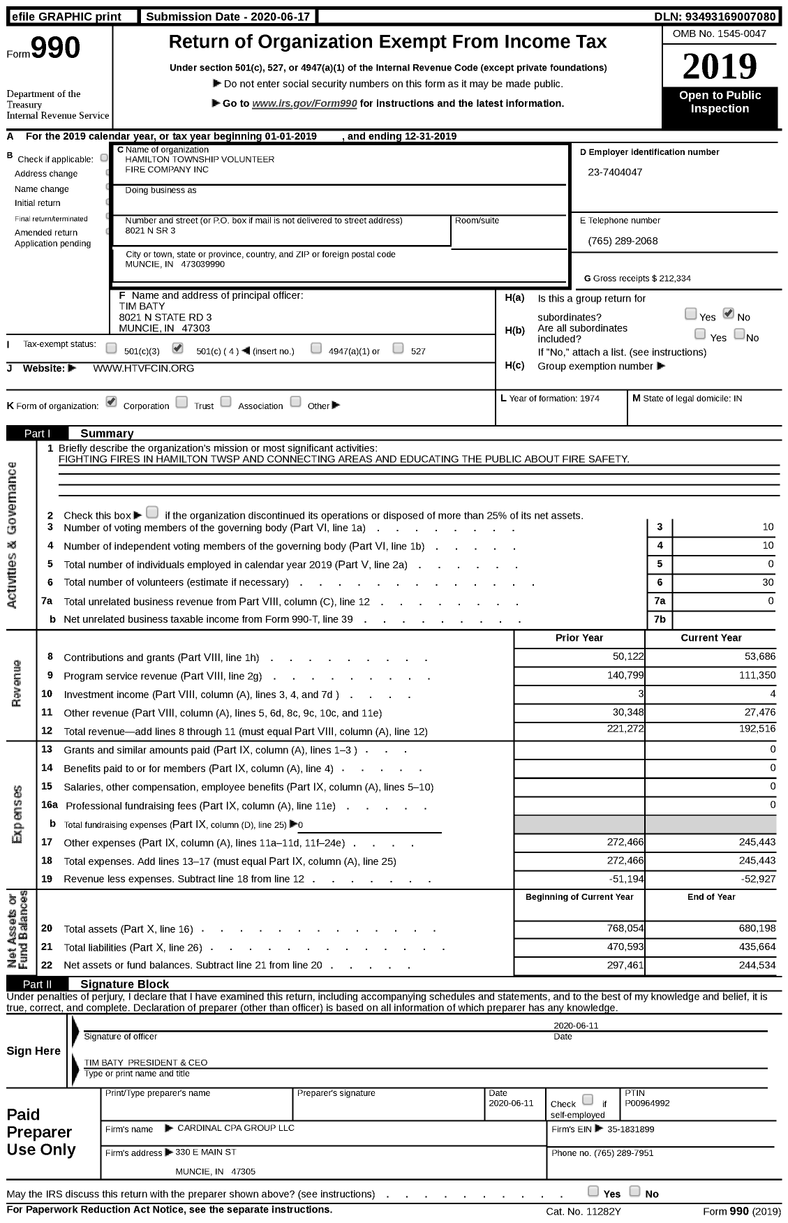 Image of first page of 2019 Form 990 for Hamilton Township Volunteer Fire Company