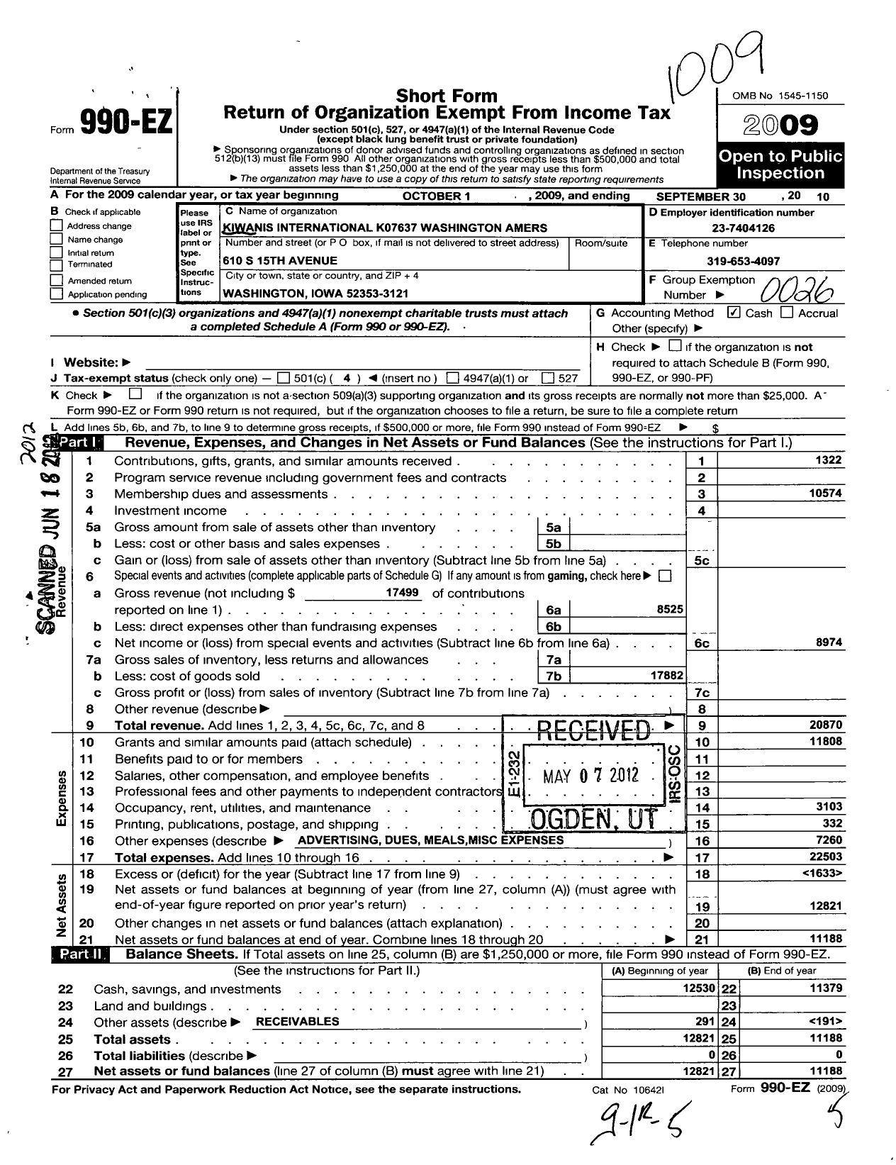 Image of first page of 2009 Form 990EO for Kiwanis International - K07637 Washington A M Ers