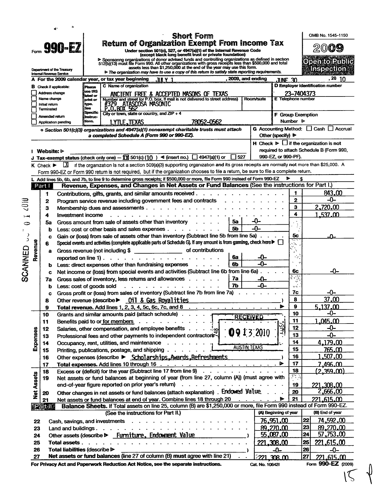 Image of first page of 2009 Form 990EO for Freemasons in Texas - 379 Atascosa