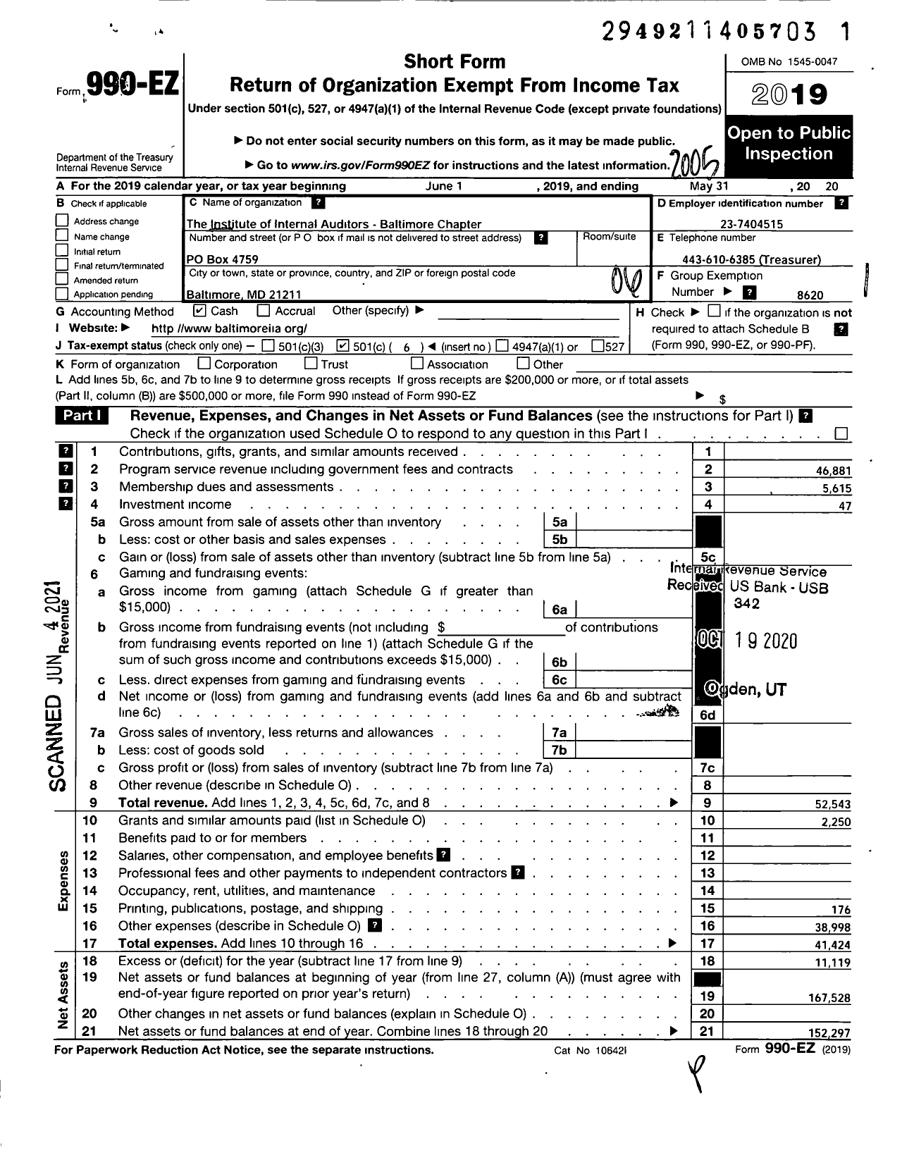 Image of first page of 2019 Form 990EO for INSTITUTE OF INTERNAL AUDITORS / Baltimore Chapter