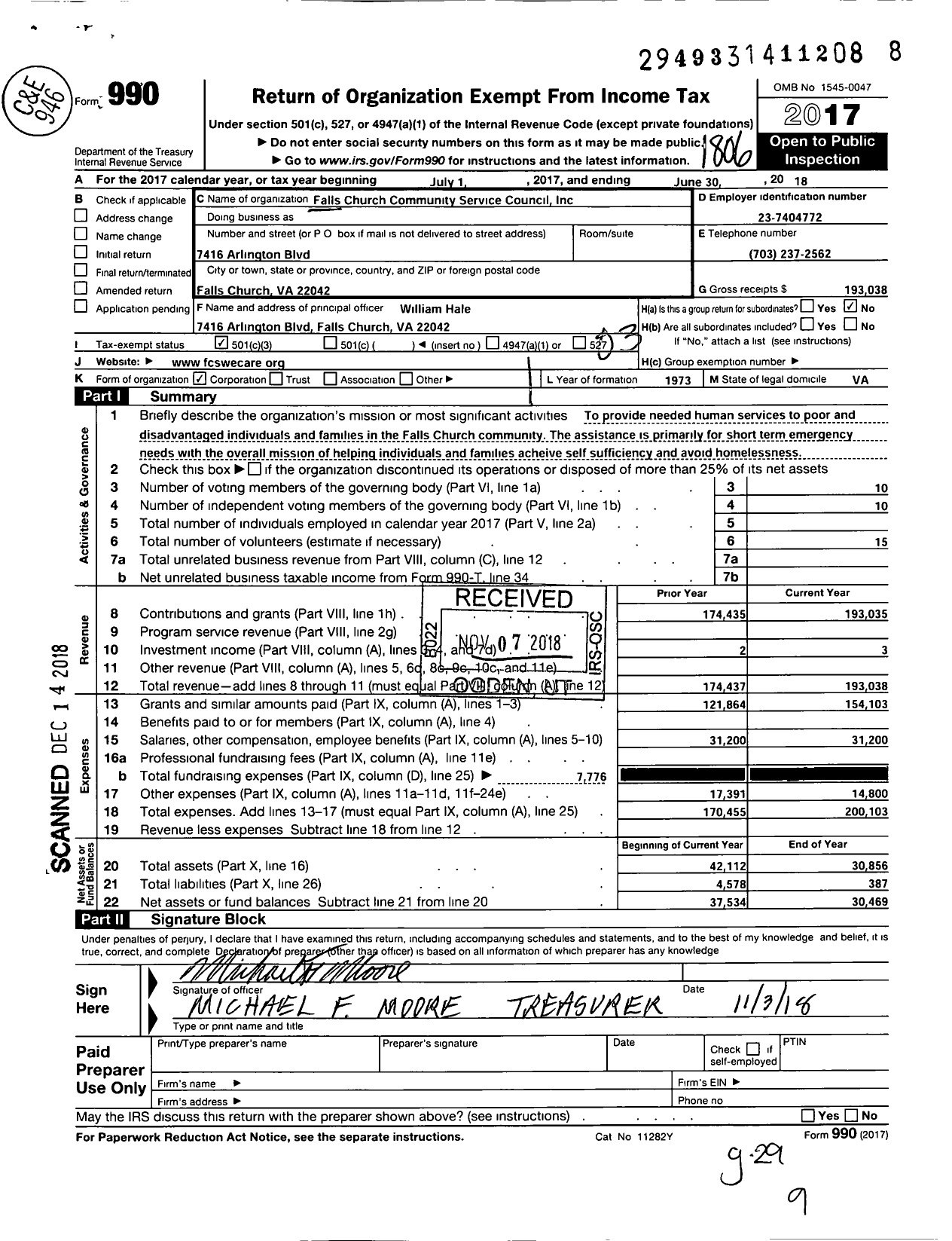 Image of first page of 2017 Form 990 for Falls Church Community Service Council