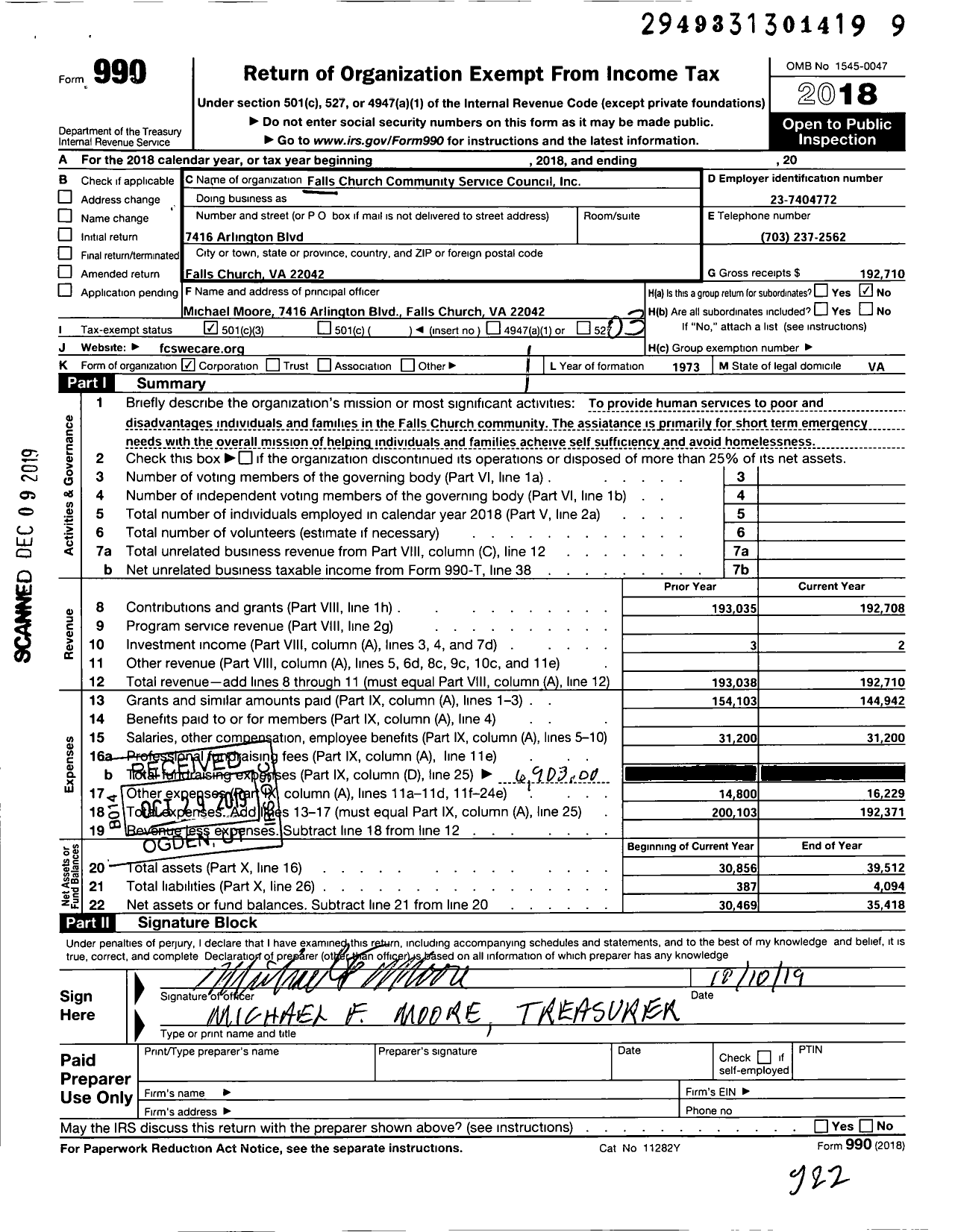Image of first page of 2018 Form 990 for Falls Church Community Service Council