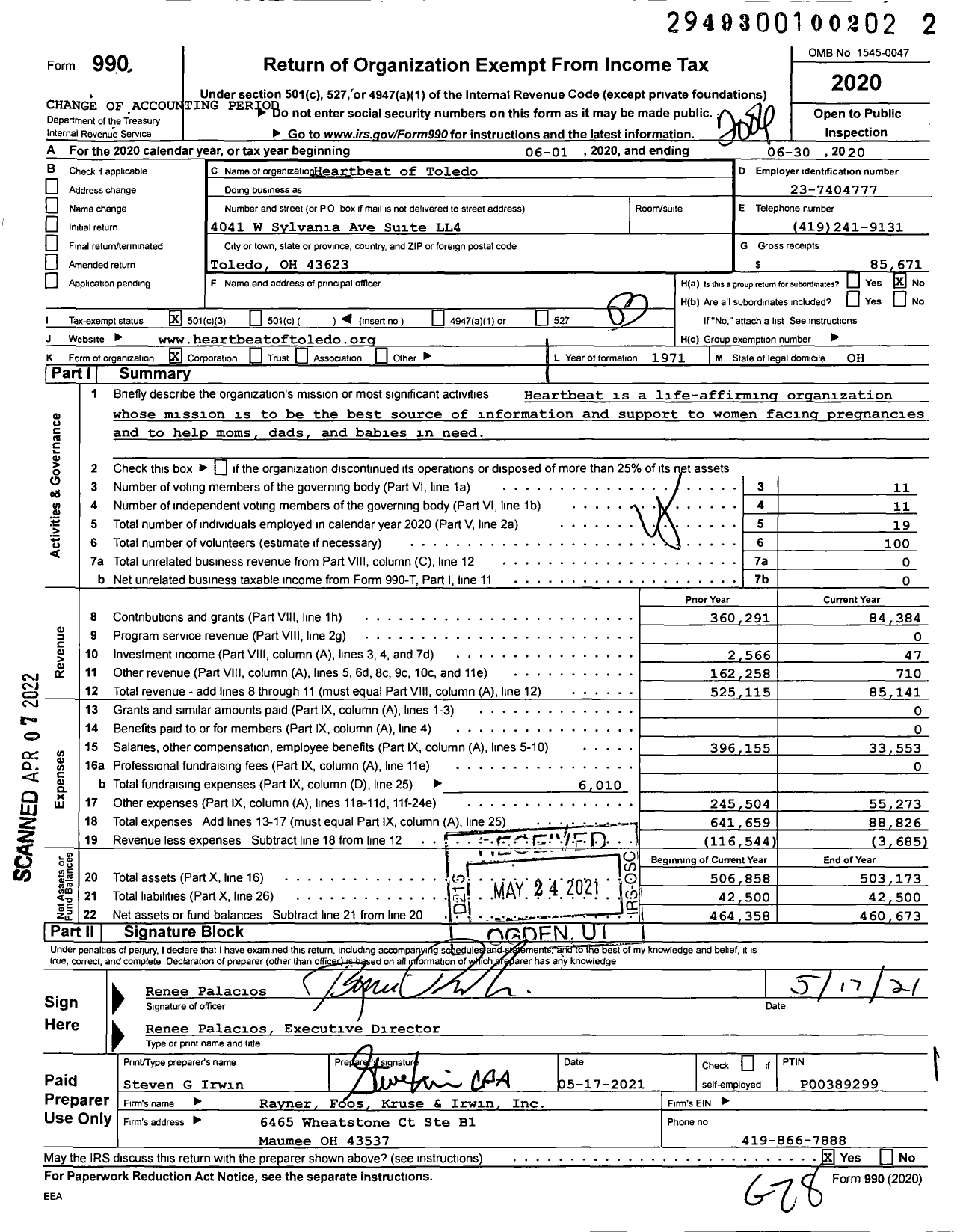 Image of first page of 2019 Form 990 for Heartbeat of Toledo