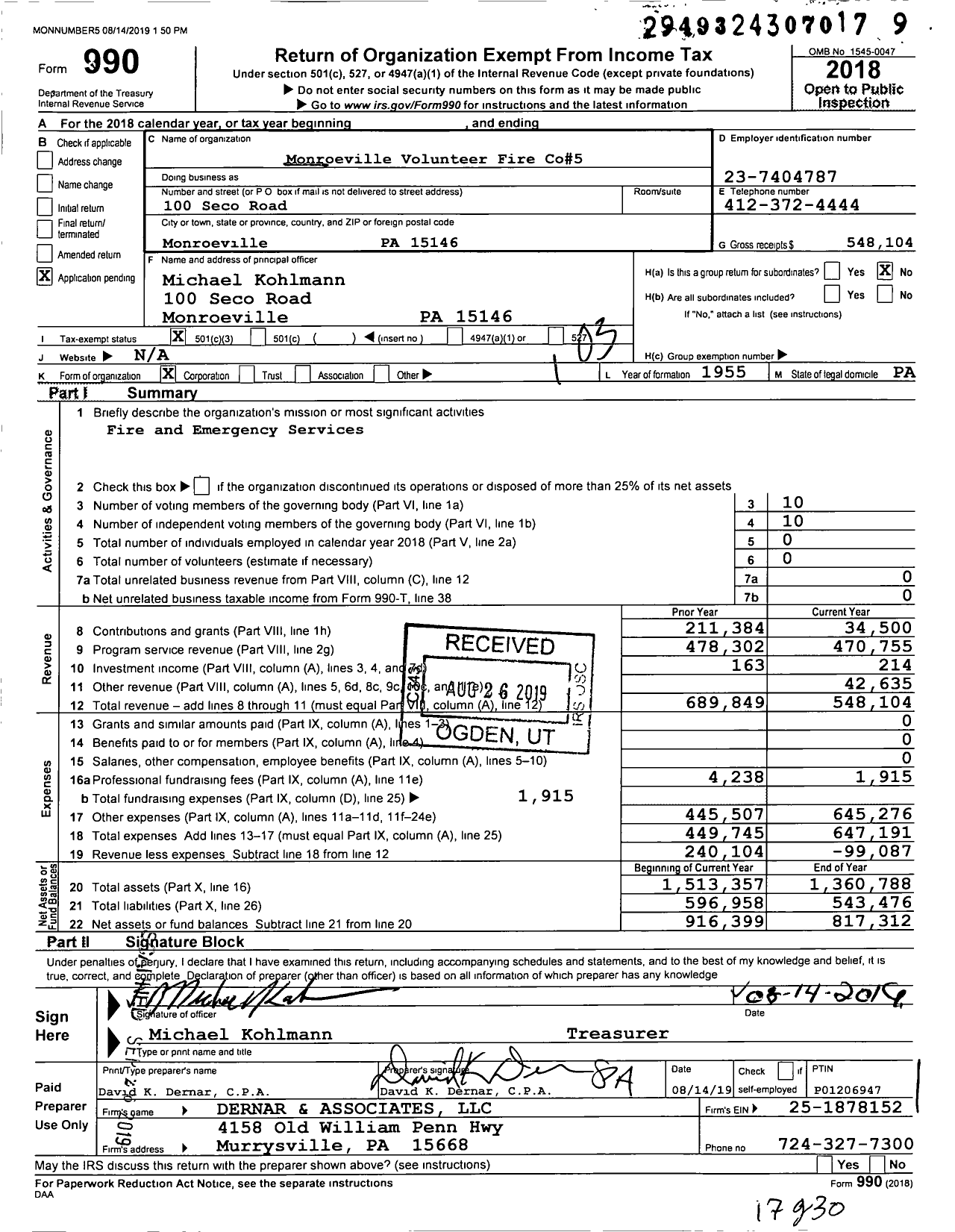 Image of first page of 2018 Form 990 for Monroeville Volunteer Fire Co5 No 5