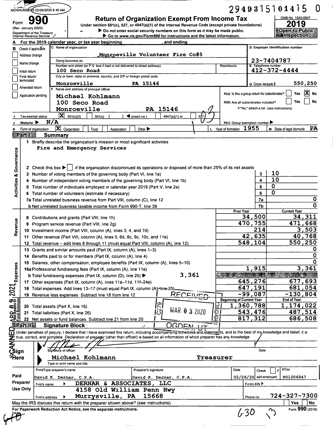 Image of first page of 2019 Form 990 for Monroeville Volunteer Fire Co5 No 5