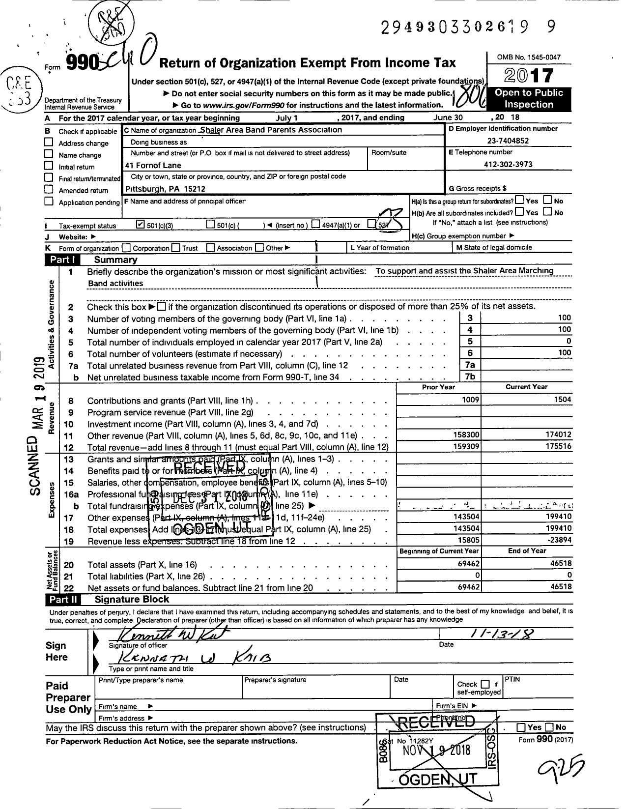 Image of first page of 2017 Form 990 for Shaler Area Band Parents Association Shaler Area High School